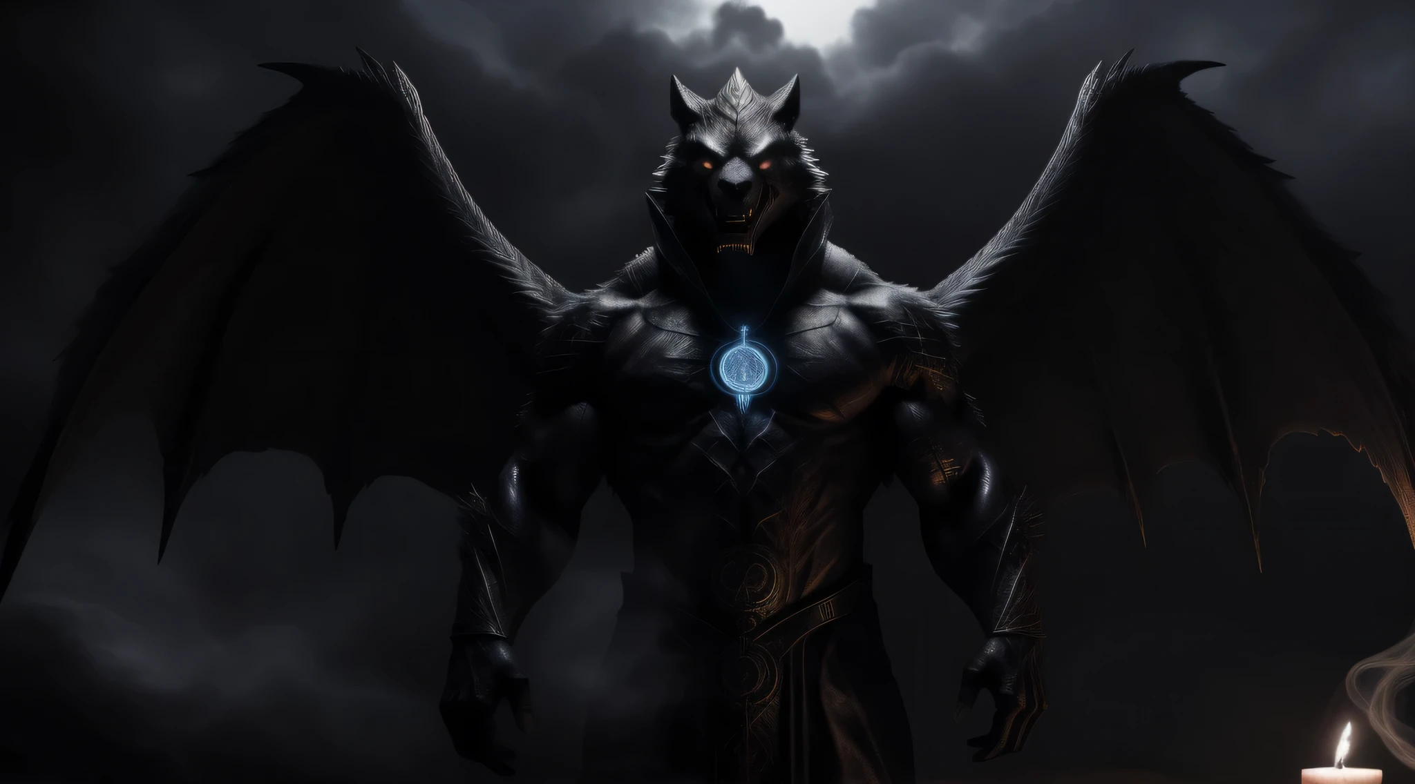 A mesmerizing apparition, a handsomely wicked entity adorned in a sleek suit with black wings, poses dramatically atop a magically illuminated circle, as dark smoke billows around him. The image is rendered in an ultra-detailed 8k resolution, exhibiting photorealistic perfection, heightened by dramatic lighting that casts a dark fantasy, moody atmosphere. The composition is cinematic, emphasizing the striking chiaroscuro that envelops the enigmatic figure surrounded by occult symbols and mystical aura. This masterpiece of art, bathed in a brooding atmosphere, perfectly encapsulates the essence of dark angels, supernatural beings with
