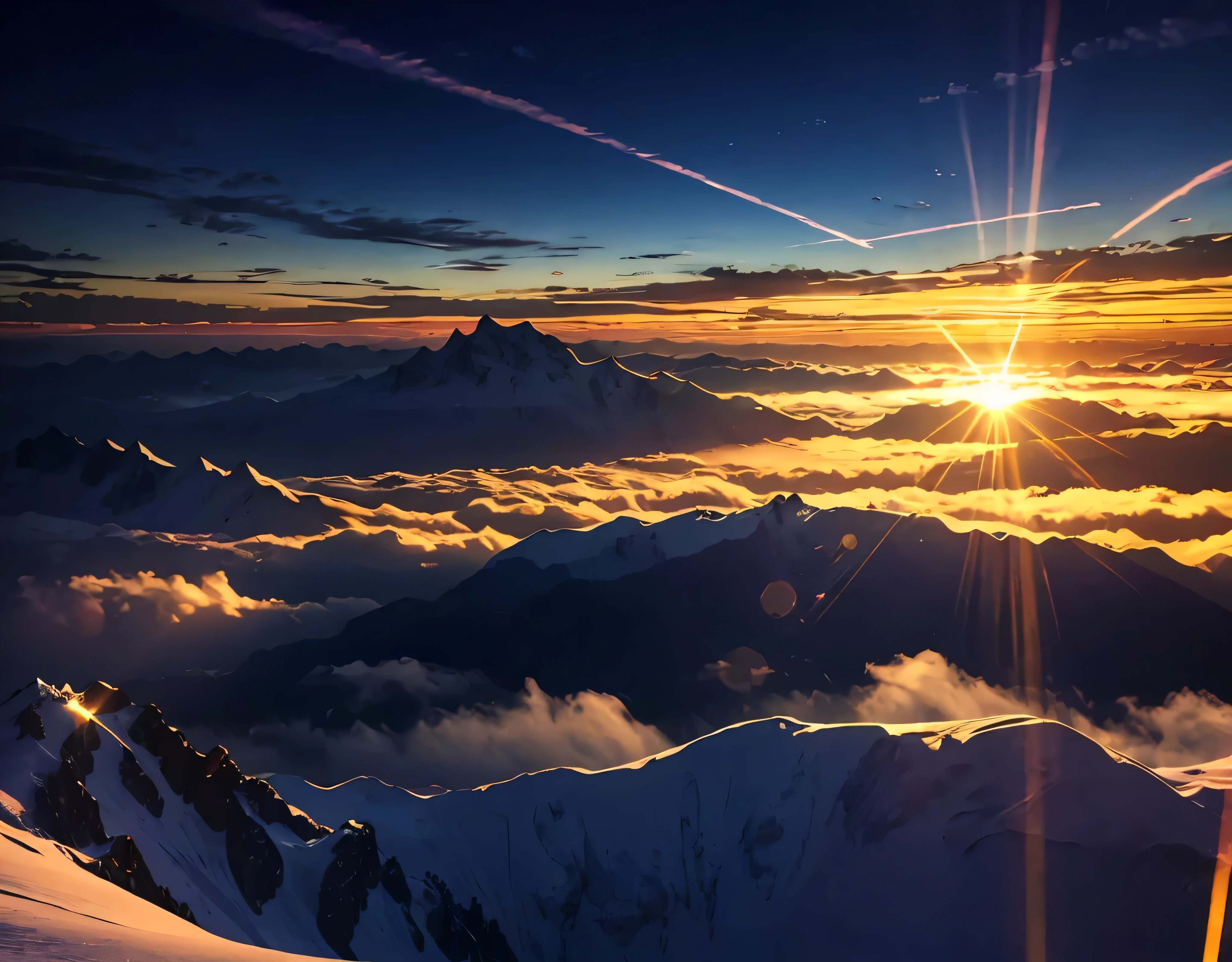 Rugged Mountain々、Light reflected on the lake surface between the mountains、A photo with a very beautiful contrast of seven lights、A magnificent sea of clouds、wood々、The mountain was covered with snow々、Clear skies、Lots of lens flares、The morning sun shines brightly、The morning sun shines brightly、(Ultra-realistic:1.2), High resolution, (Bright colors, High resolution:1.1), (Sharp focus:1.1), (Physically Based Rendering:1.1), Tyndall effect, Colorful lights, (((Light shines through the gaps in the clouds))), Beautiful perspective, Contrasting Shadows, moving composition, Realistic landscape, unique configuration, Soft texture, Intricate details, Mysterious atmosphere, An artistic exploration of light and shadow,Golden dazzling light、A world view that will captivate all who see it、The world of nature、View from 3000m above sea level and mountain hut
