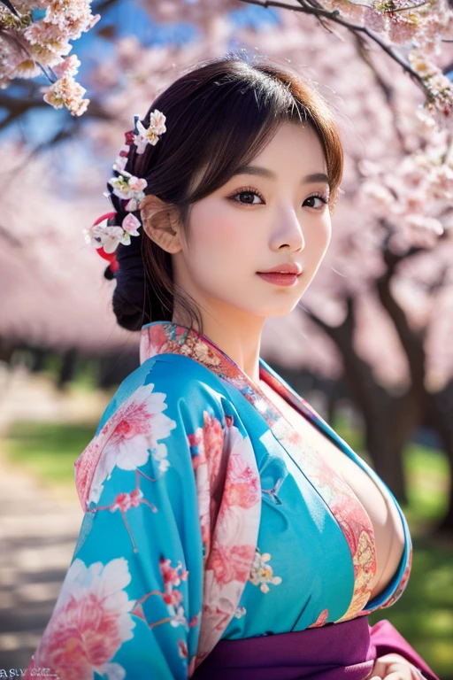 a beautiful asian girl in a vibrant blue moon kimono, detailed facial features, large breasts, elegant pose, cherry blossom trees in the background, cinematic lighting, warm color palette, high quality digital art, masterpiece, intricate details, photorealistic, (best quality,4k,8k,highres,masterpiece:1.2),ultra-detailed,(realistic,photorealistic,photo-realistic:1.37)