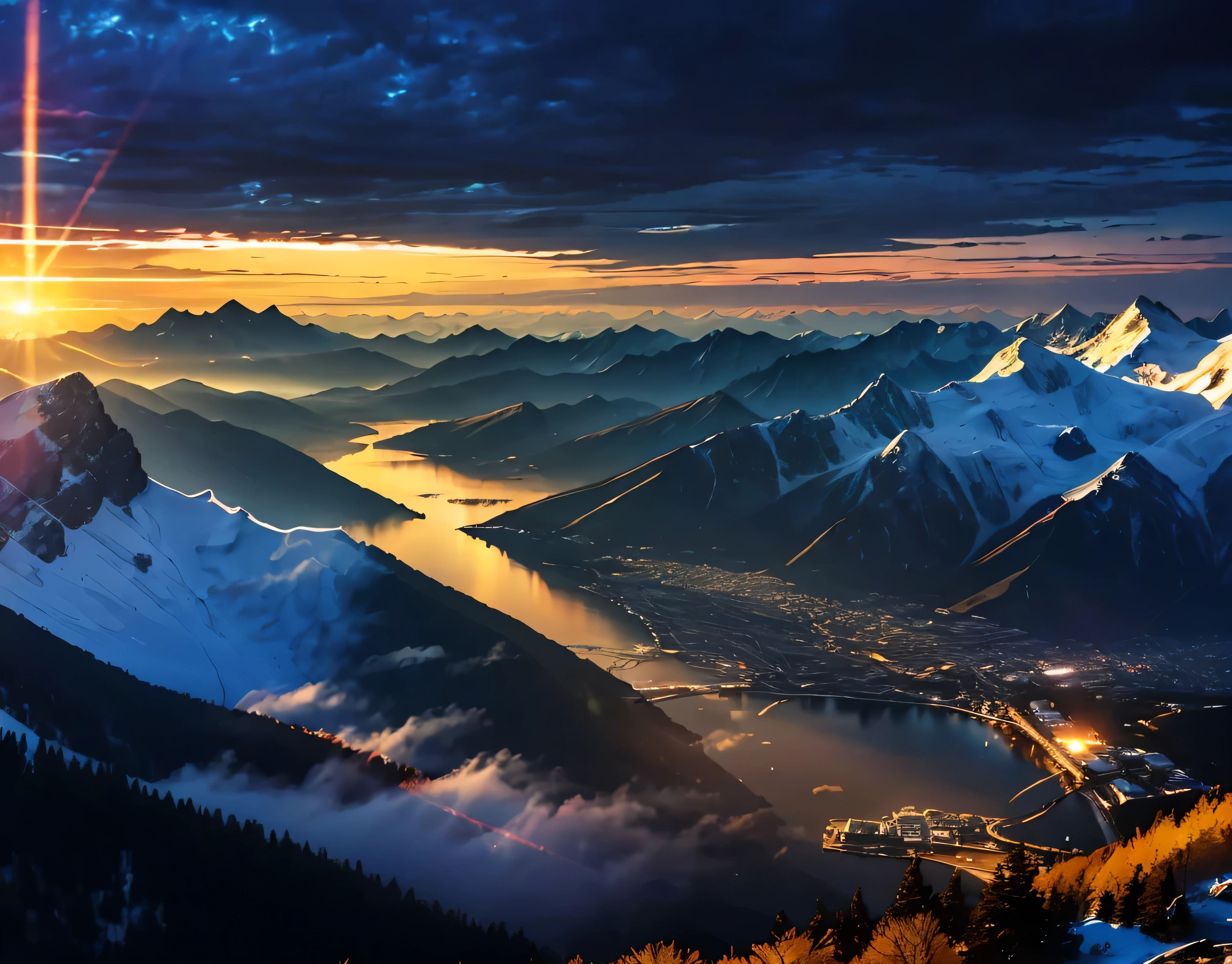 Rugged Mountain々、Light reflected on the lake surface between the mountains、A photo with a very beautiful contrast of seven lights、A magnificent sea of clouds、wood々、The mountain was covered with snow々、Clear skies、Lots of lens flares、The morning sun shines brightly、The morning sun shines brightly、(Ultra-realistic:1.2), High resolution, (Bright colors, High resolution:1.1), (Sharp focus:1.1), (Physically Based Rendering:1.1), Tyndall effect, Colorful lights, (((Light shines through the gaps in the clouds))), Beautiful perspective, Contrasting Shadows, moving composition, Realistic landscape, unique configuration, Soft texture, Intricate details, Mysterious atmosphere, An artistic exploration of light and shadow,Golden dazzling light、A world view that will captivate all who see it、The world of nature、View from 3000m above sea level and mountain hut