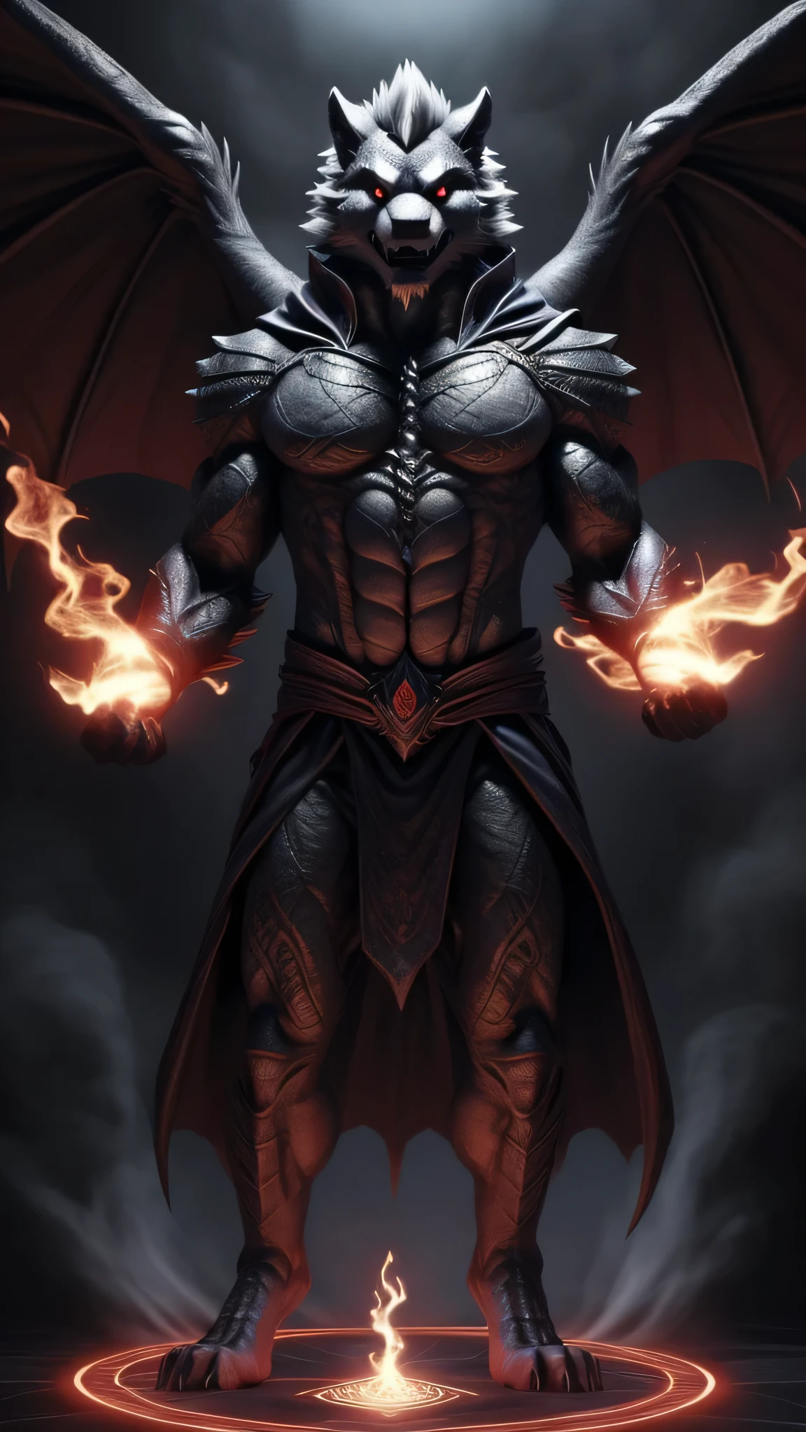 "A captivating incarnation of evil, adorned with cascading waves of gray hair and fiery red eyes, boasts black wings spread elegantly as he stands majestically upon a magic circle. The air around him crackles with black smoke, rising menacingly. His face is skillfully rendered with exquisite detail, showcasing fine lines and intricate facial features. The image is presented in the highest resolution, ensuring every aspect of this masterpiece is visible in breathtaking clarity."

("By Artemis_Nightshade, by Dark_Demon_Artistry, by Master_of_Shadows, best quality, masterpiece, perfect anatomy, detailed