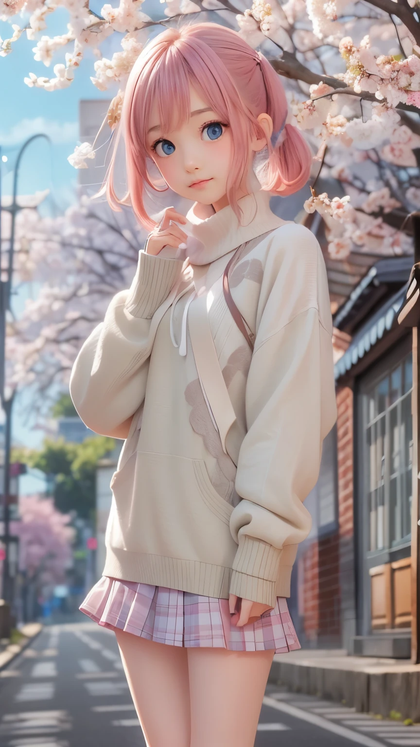 detailed face, cute face, masterpiece, highest quality, Super detailed, figure, Wide-angle, A girl is standing in the middle of the road, alone, The road in the middle and pink cherry blossom trees on the roadside, whole body, 20th Generation, Pink Hair, sweater, Short skirt, fashion,, composition, balance, Harmony, rhythm, color, Light, Shadow, reflection, refraction, tone, Contrast, prospect, Middle Way, background, Naturalistic, Figurative, Expressive.