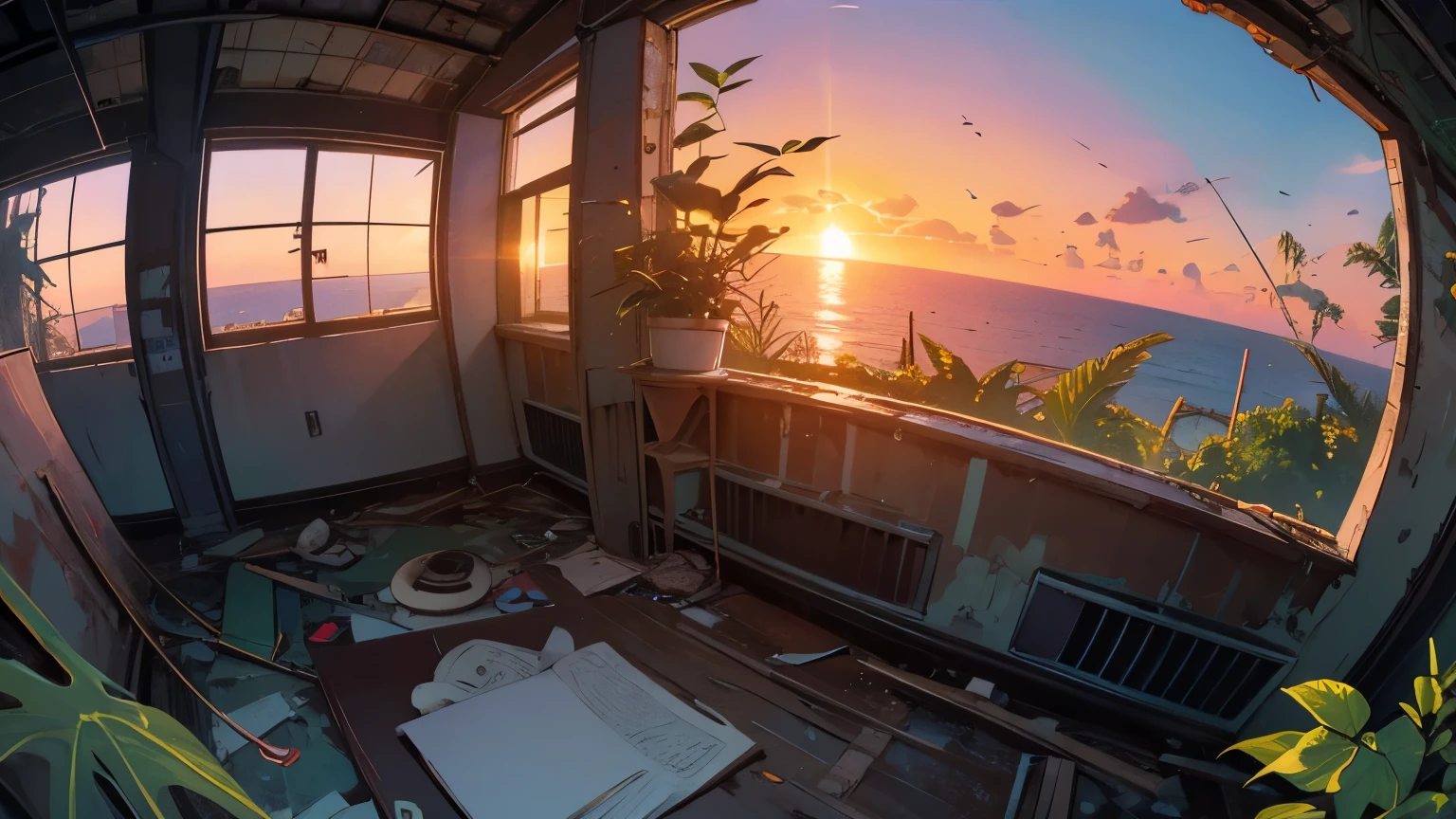 (((Fisheye))), icon, logo, very wide white background, extreme quality, masterpiece, 8k, depth of field, intricate details, (((unattended))), very large margins, lots of text, corporate logo, space, emblem, movie poster, (((abandoned building with sea view))), (((all covered with plants )))), big moon, nostalgia, (((sunset))), supercar, panorama, long shot, backlight