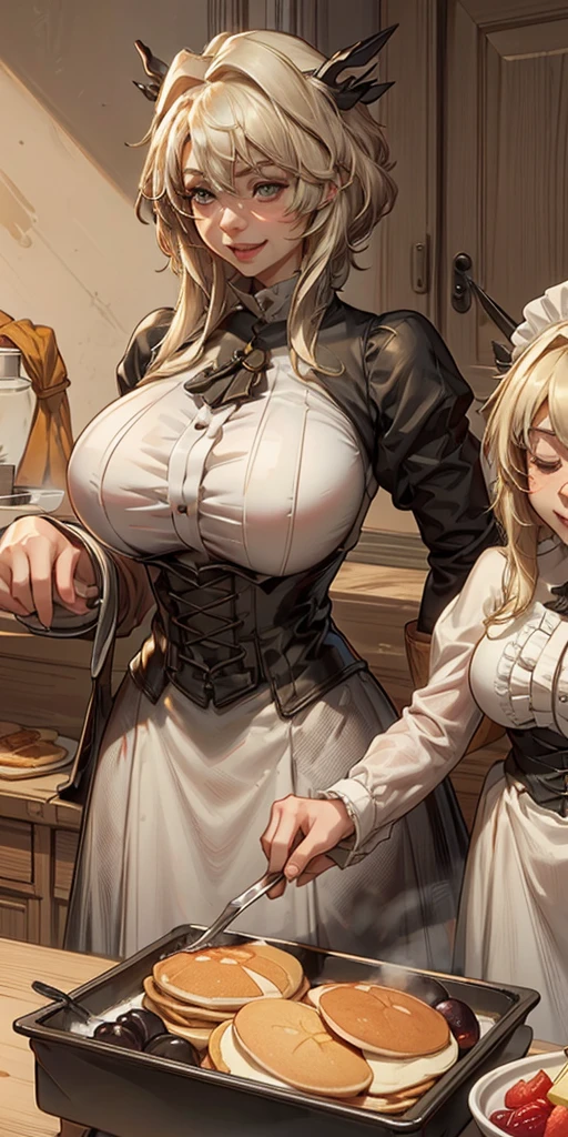 Making pancakes in the Asteria VK skillet,a blond,Twin-tailed,1***********,Woman in her 30s,maid apronl,Laughing,kitchin,Bento,sodden,The upper part of the body