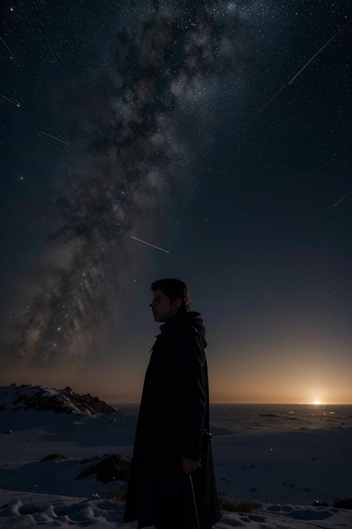 A capa apresenta um fundo escuro e estrelado, com a silhueta de um vasto continente coberto por neve e neblina ao longo do horizonte. No centro da capa, destaca-se uma imagem intrigante: the figure of Prince Ethan and the Astrologer Orion, lado a lado, Looking to the horizon with determination. Their silhouettes are in the foreground, destacadas por um brilho sutil que emana das estrelas acima. Em torno deles, sketches of constellations seem to dance, sugerindo um elo misterioso entre o destino dos personagens e os segredos do universo. the title "Star Mist: O Enigma de Guaraci" It's in elegant white letters, adornadas com um leve efeito de nevoeiro, evoking the mystery that permeates the story. Below the title, em letras menores, is the author's name, em uma fonte simples e clara.