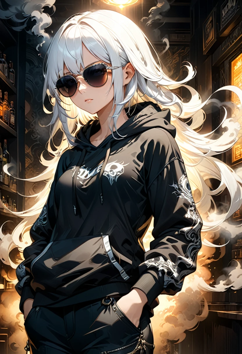 Close-up of a girl with white hair wearing a black hoodie and black pants and sunglasses with her hands on her pants pocket. Bar background. Anime style. Darkness around. Full of smoke effect. Movie light and shadow effect texture. Complex clear high quality masterpiece.,Extremely complex and exquisitely detailed fantasy characters, Ultra-detailed digital art, concept art