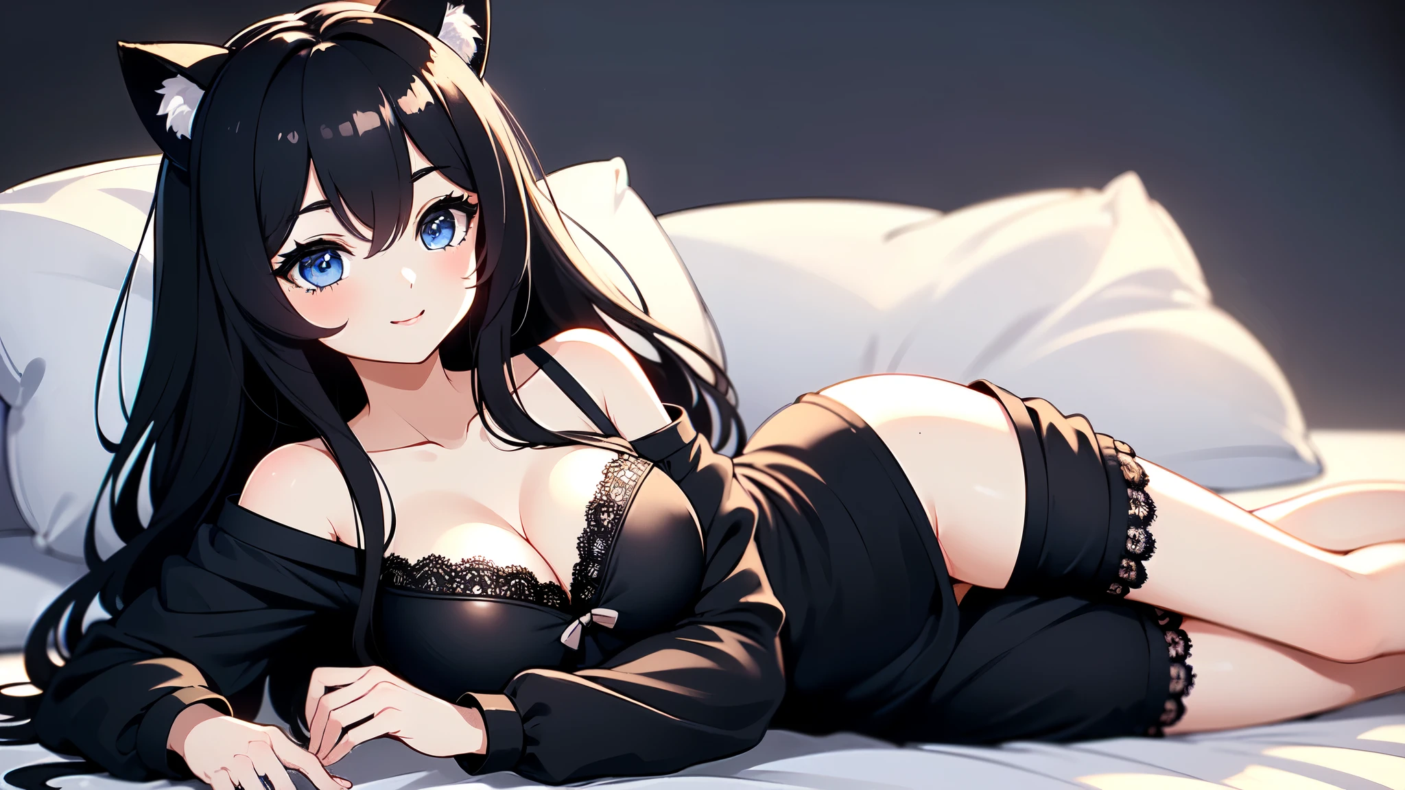 ((highest quality)), ((masterpiece)), (detailed), Perfect Face ,Bed Background, 1 girl、((highest quality, expensive_solve, clear_image)),(Black Hair), (Black cat ears), (Ahoge), (Tremendously short hair), (Wavy Hair), (blue eyes),Tremendous smile、I put on my loungewear,Very large breasts、Lay down