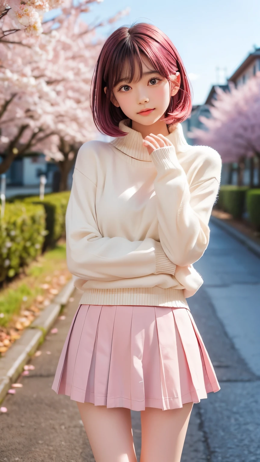detailed face, cute face, masterpiece, highest quality, Super detailed, figure, Wide-angle, A girl is standing in the middle of the road, alone, The road in the middle and pink cherry blossom trees on the roadside, whole body, 20th Generation, Pink Hair, sweater, Short skirt, fashion,, composition, balance, Harmony, rhythm, color, Light, Shadow, reflection, refraction, tone, Contrast, prospect, Middle Way, background, Naturalistic, Figurative, Expressive.