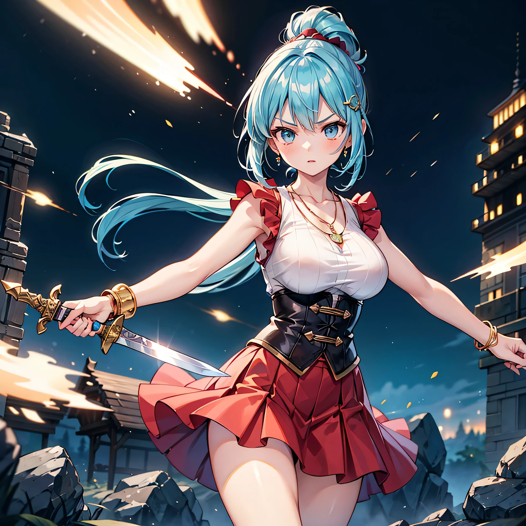 Anime Moe Art Style,highest quality,High resolution,Anatomically correct,One Girl,Mid-teens,A girl with light blue hair in a ponytail,Super detailed,Fantasy World,Sleeveless blouse,flare skirt,Big Breasts,A rich expression,Serious expression,Plains at night,Dynamic movement,Wielding a dagger,Eyes drawn in detail,hair ornaments,necklace,bracelet,ring,8K