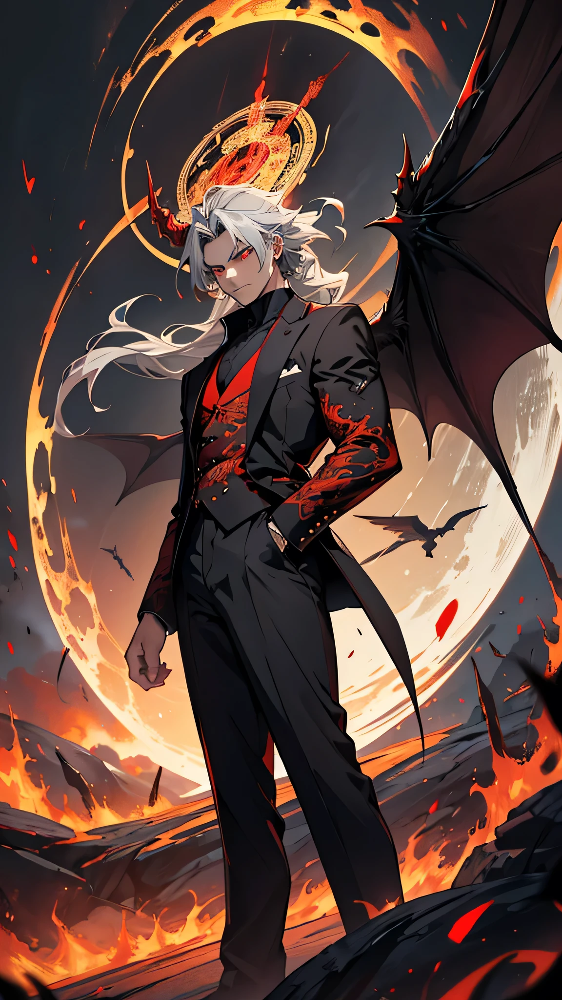 "A young, captivating devil, aged 20, adorns a striking presence with his wavy, gray hair, framed by fiery red eyes, and dark, majestic wings spread behind him. He stands embedded within a magic circle, as black smoke billows and swirls around him. The devil is dressed impeccably in a tailored suit, the image rendered with intricate detail and fine lines, showcasing an authentic anime style. The overall image is presented in high resolution, showcasing the devil in all his distinct, enchanting glory."