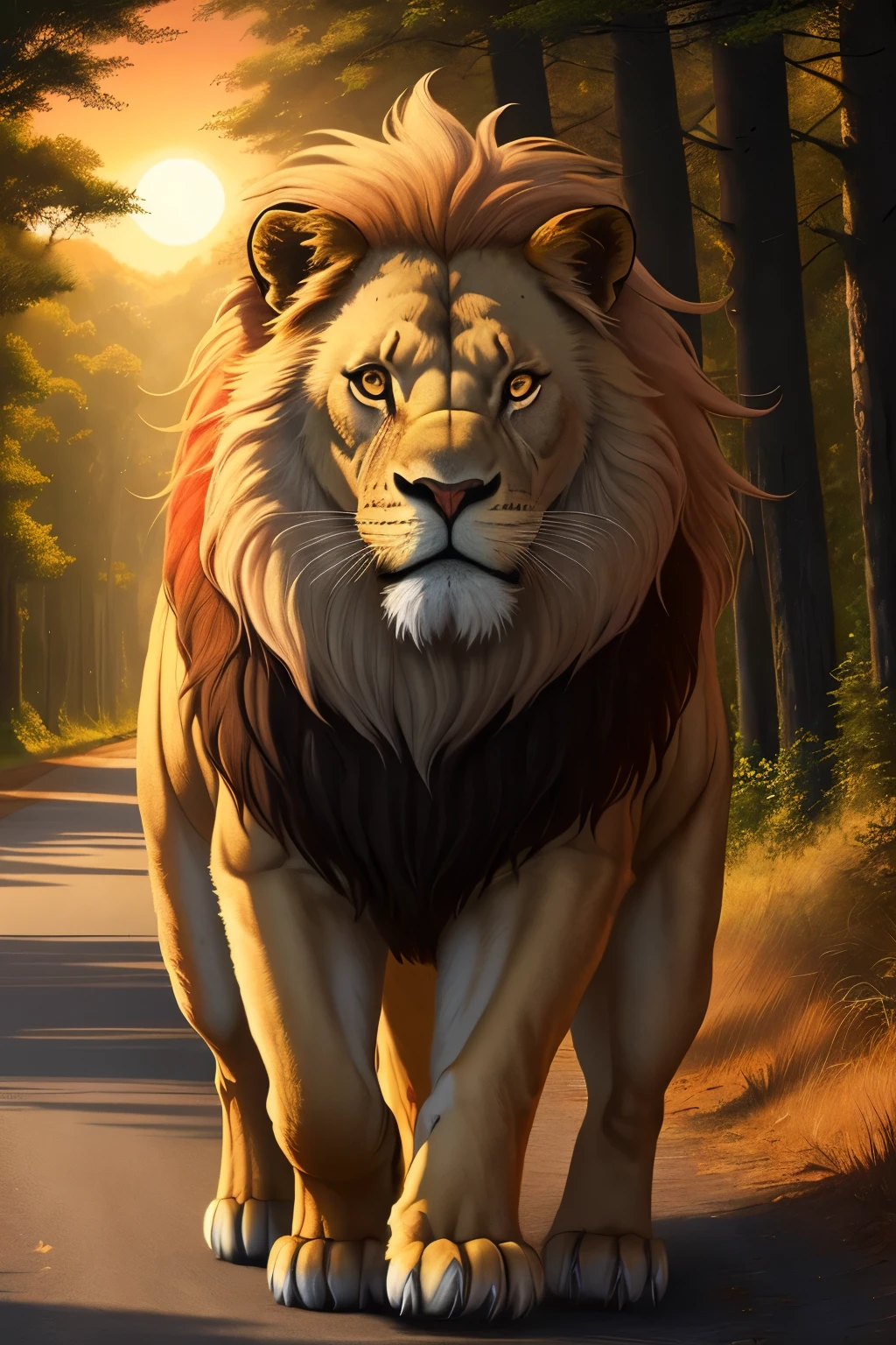 Animation: An Old Majestic Lion, adorned with a regal mane of multiple colors, strides solitarily on a winding forest road at twilight (9h16 format). The setting sun casts warm hues across his noble form, emphasizing the loneliness of his journey.