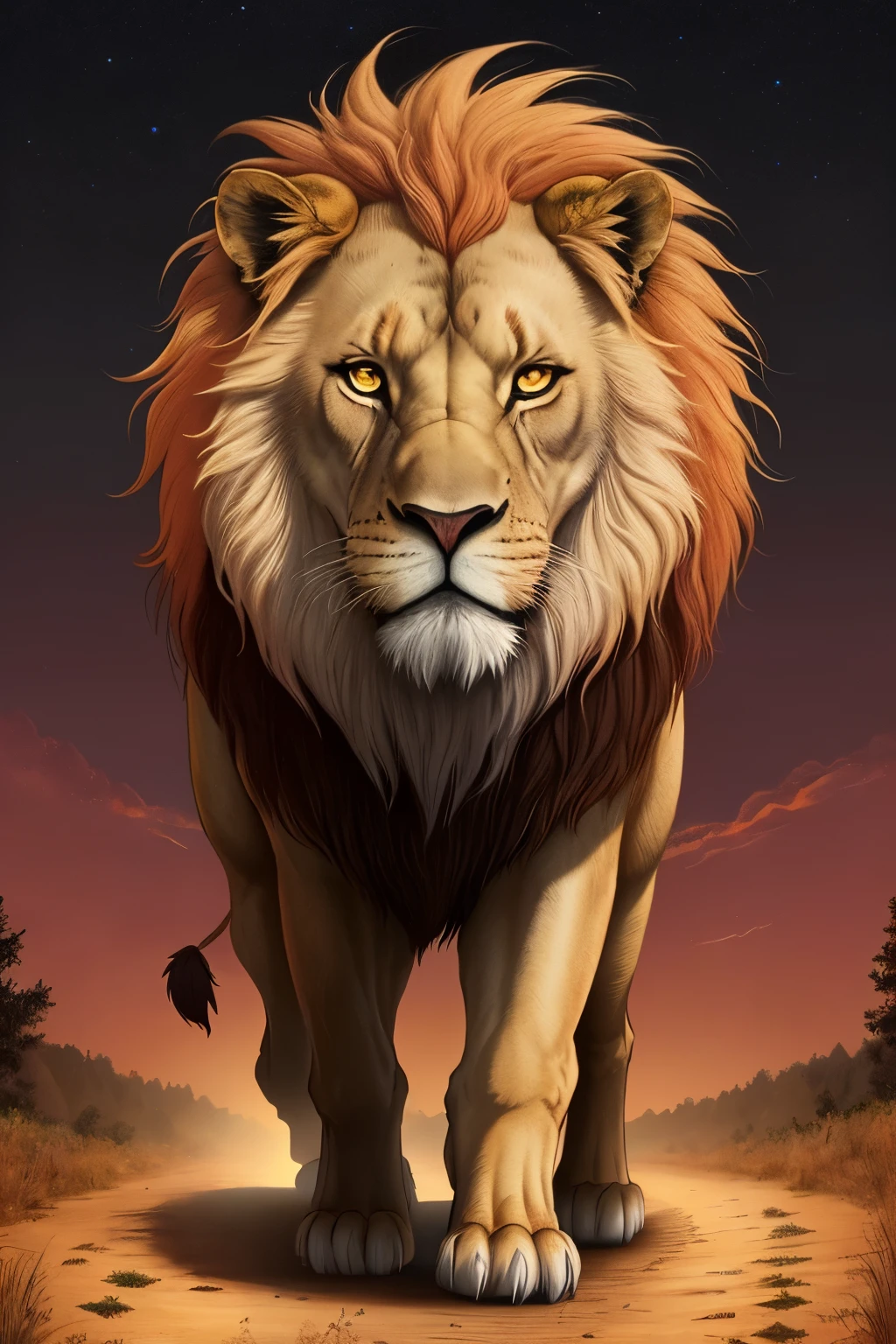 Animation: An Old Majestic Lion, adorned with a regal mane of multiple colors, strides solitarily on a winding forest road at twilight (9h16 format). The setting sun casts warm hues across his noble form, emphasizing the loneliness of his journey.