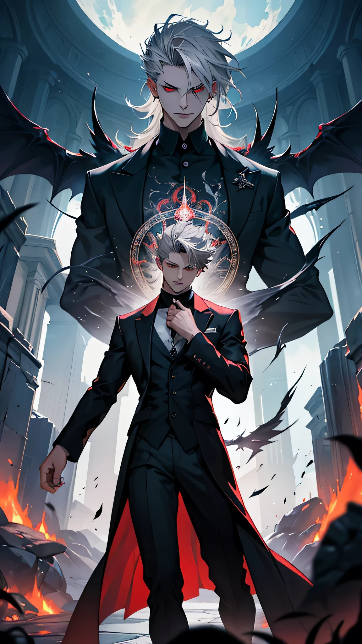 "A youthful, captivating incarnation of a devil, at the age of 20, radiates an awe-inspiring presence with his wavy, gray hair that cascades around his shoulders, and piercing red eyes that burn with an otherworldly fierceness, framed by the enchanting expanse of his dark, majestic wings that spread behind him, casting a sinister yet enthralling shadow. He stands majestically within a powerful, intricately designed magic circle, as dark smoke billows and swirls ominously around him, hinting at the devil's immense power. The devil is dressed impeccably in a tailored suit,