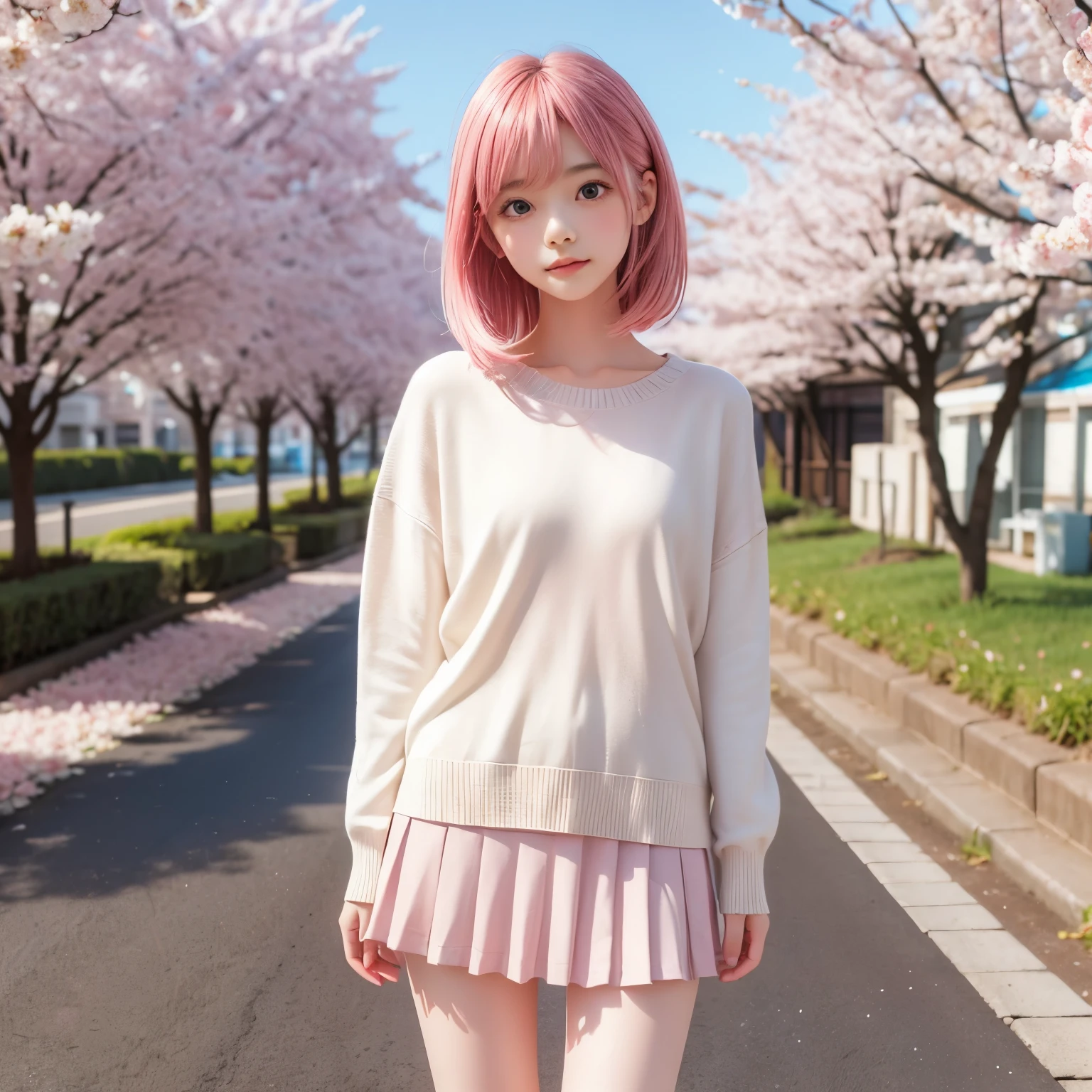 detailed face, cute face, masterpiece, highest quality, Super detailed, figure, Wide-angle, A girl is standing in the middle of the road, alone, The road in the middle and pink cherry blossom trees on the roadside, whole body, 20th Generation, Pink Hair, sweater, Short skirt, fashion,, composition, balance, Harmony, rhythm, color, Light, Shadow, reflection, refraction, tone, Contrast, prospect, Middle Way, background, Naturalistic, Figurative, Expressive.