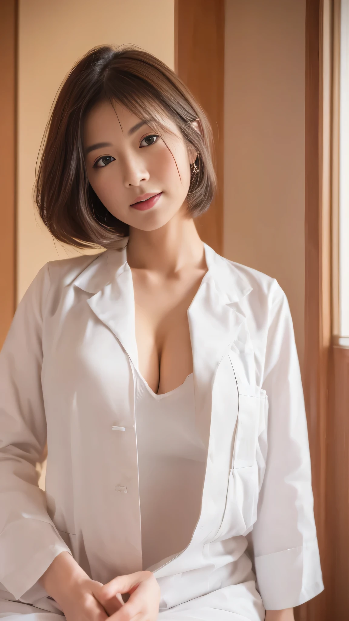 (8k, best quality, masterpiece, golden ratio composition,:1.3), (beautiful Japanese mature woman in her 30s), (huge breasts), (wearing white Nurse's uniform:1.2)