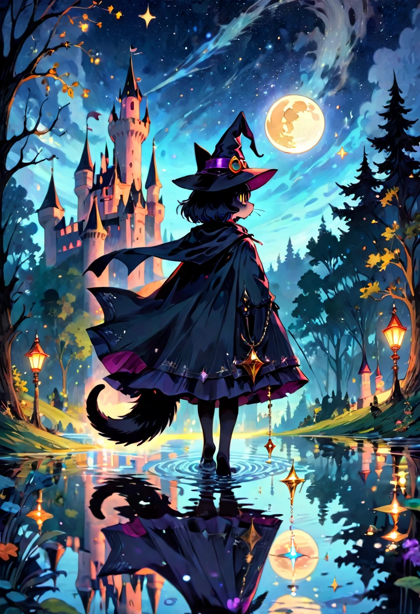 black cat, solo, alone, witch, hat, cloak, black short hair, long tail, jewelry, gems, sparkle effect, ornaments, walking on water, reflected water, castle, tower, forest, night, starry sky, star\(sky\),moon, no human, , masterpiece, best quality, ultra detailed, perfect anatomy, anatomically correct, vibrant color,