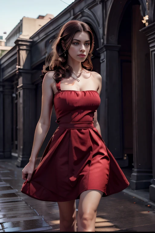 arafed woman in a vestido rojo and black purse walking down a street, girl wears a vestido rojo, modelo de moda elegante, elegant vestido rojo, wearing a vestido rojo, wearing vestido rojo, usando un vestido elegante, vistiendo un traje rojo, vistiendo un traje elegante, estilo de julia razumova, vestido rojo, chica elegante en traje urbano, mujer vestida