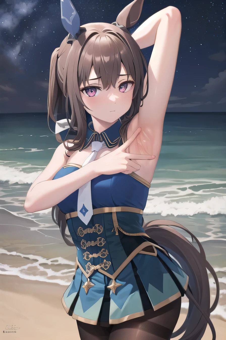 admirevega, (masterpiece, best quality:1.2), solo, 1girl, high quality, solo, night sky, beach, arms behind head, {contrapposto}, closed mouth, spread armpits, upper body, looking at viewer, expressionless, ponytail, horse ears, ear covers, blue dress, necktie, pantyhose, horse tail