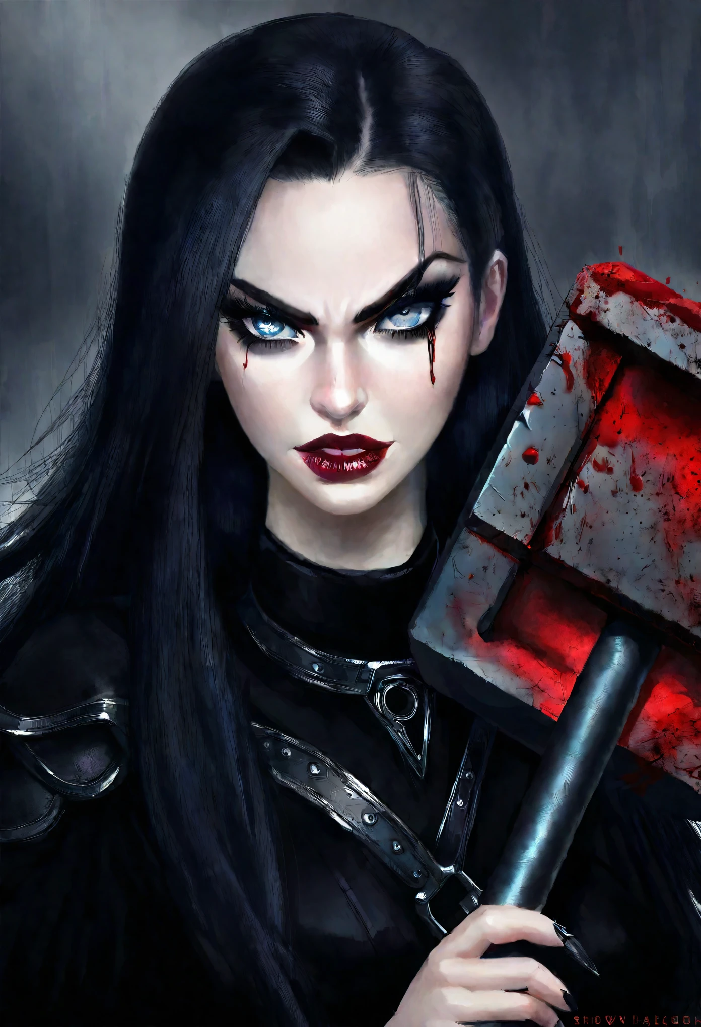 A mean girl, beautiful face, evil expression, piercing eyes, long eyelashes, detailed facial features, pale skin, dark makeup, dark outfit, cold demeanor, imposing presence, dramatic lighting, moody atmosphere, cinematic, dark fantasy, digital art, she is holding a bloody sledge hammer. Show her from head to toe, show all of her, show her entire body
