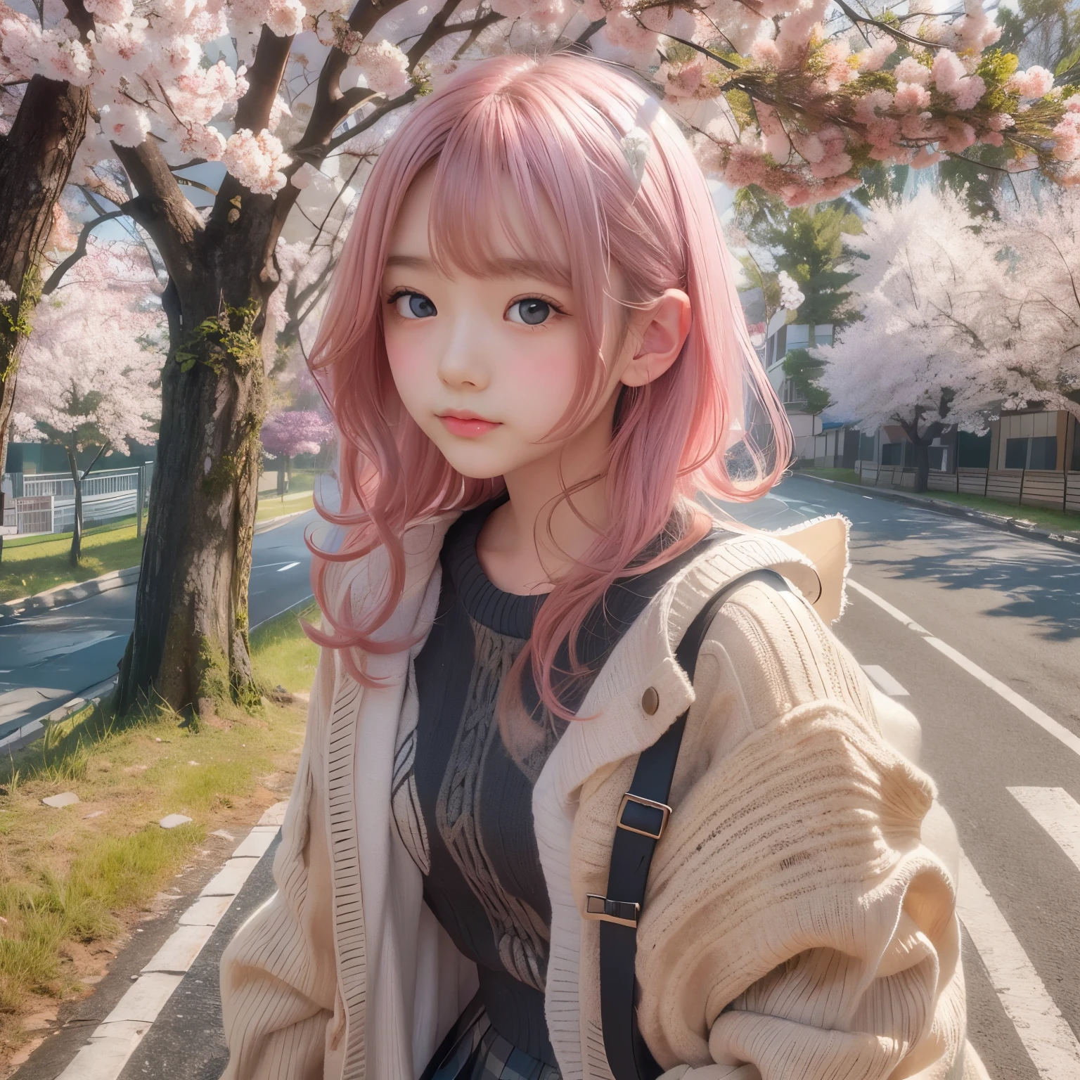 detailed face, cute face, masterpiece, highest quality, Super detailed, figure, Wide-angle, A girl is standing in the middle of the road, alone, The road in the middle and pink cherry blossom trees on the roadside, whole body, 20th Generation, Pink Hair, sweater, Short skirt, fashion,, composition, balance, Harmony, rhythm, color, Light, Shadow, reflection, refraction, tone, Contrast, prospect, Middle Way, background, Naturalistic, Figurative, Expressive.