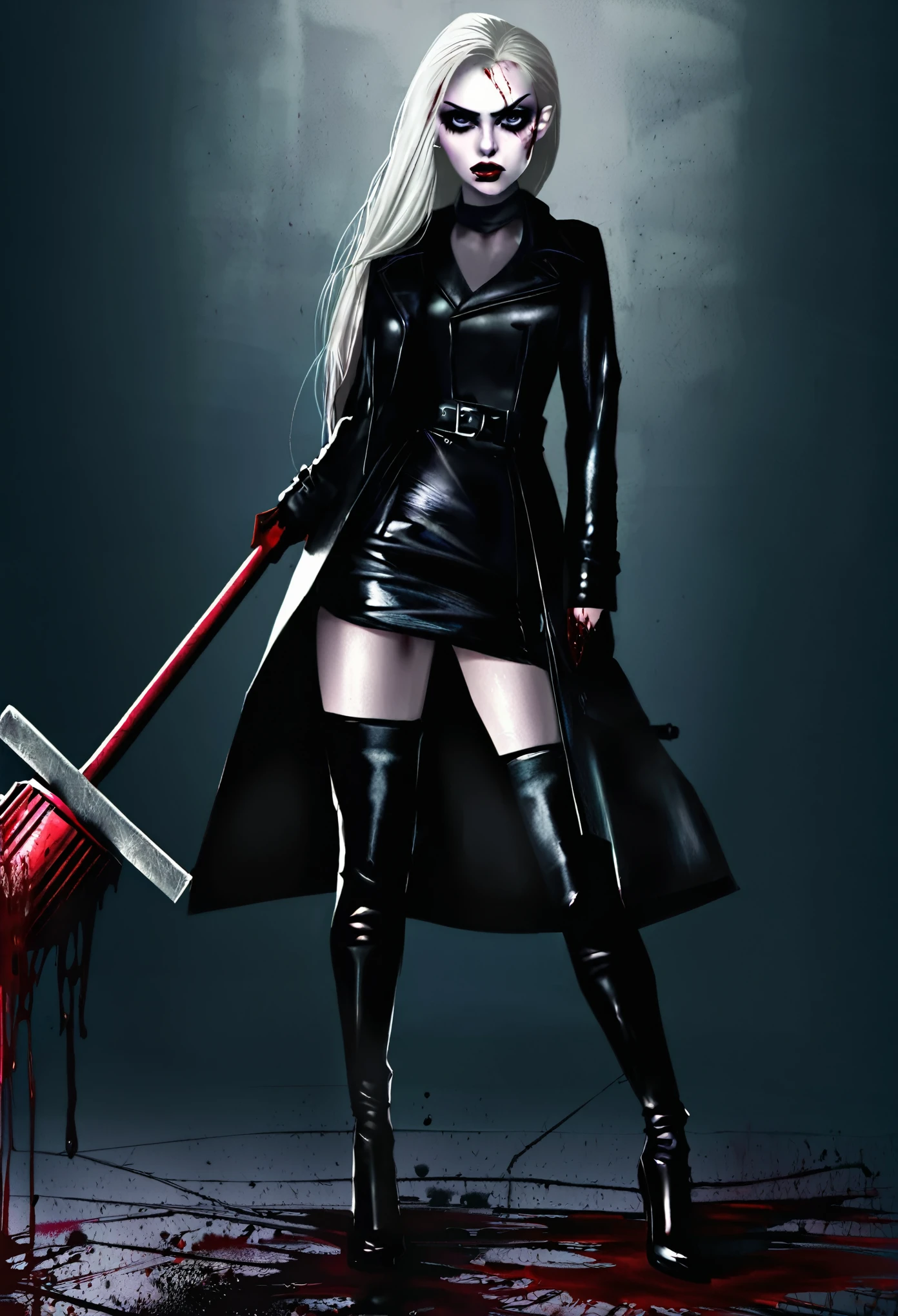 A mean girl, beautiful face, evil expression, piercing eyes, long eyelashes, detailed facial features, pale skin, dark makeup, dark outfit, cold demeanor, imposing presence, dramatic lighting, moody atmosphere, cinematic, dark fantasy, digital art, she is holding a bloody sledge hammer. Show her from head to toe, show all of her, show her entire body
