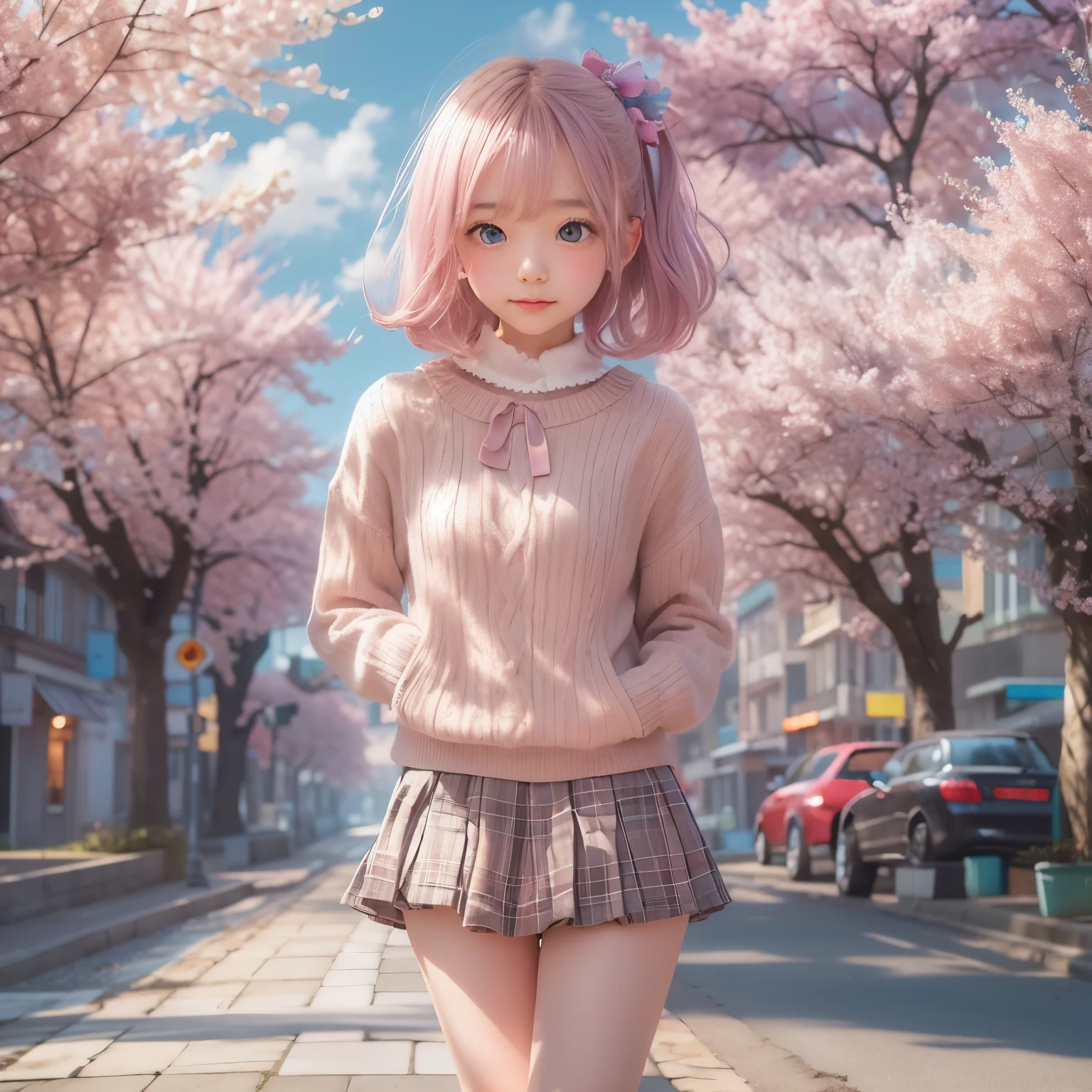 detailed face, cute face, masterpiece, highest quality, Super detailed, figure, Wide-angle, A girl is standing in the middle of the road, alone, The road in the middle and pink cherry blossom trees on the roadside, whole body, 20th Generation, Pink Hair, sweater, Short skirt, fashion,, composition, balance, Harmony, rhythm, color, Light, Shadow, reflection, refraction, tone, Contrast, prospect, Middle Way, background, Naturalistic, Figurative, Expressive.
