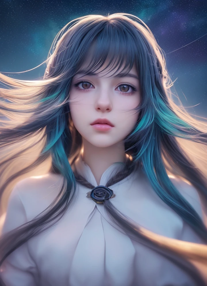 1girl, standing on earth, looking up at night sky, shimmering stars, beautiful detailed eyes, beautiful detailed lips, extremely detailed eyes and face, long eyelashes, serene expression, dreamlike, Makoto Shinkai-esque style, Cyril Rolando's artistic flair, vibrant colors, dynamic composition, tranquil, (best quality,4k,8k,highres,masterpiece:1.2),ultra-detailed,(realistic,photorealistic,photo-realistic:1.37),animal cosplay,white long hair,FINAL FANTASY,kawaii Japanese