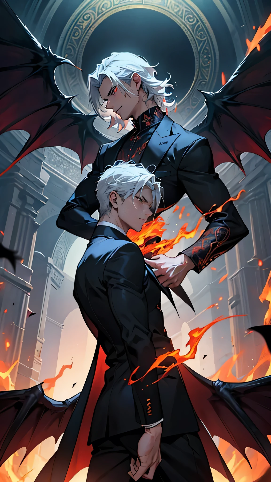 A mesmerizing, youthful embodiment of a devil, at the tender age of 20, exudes a magisterial presence, his wavy, ashen hair cascading gracefully down his back, framing the fiery, piercing red eyes that spark with otherworldly intensity. His grand, dark wings, adorned with intricate patterns, spread behind him, casting a captivating yet ominous shadow. The devil stands majestically within an intricate, powerful magic circle, as dark tendrils of smoke billow and swirl menacingly around him, hinting at his supernatural power. The devil is impeccably dressed in a tailored suit, the fabric