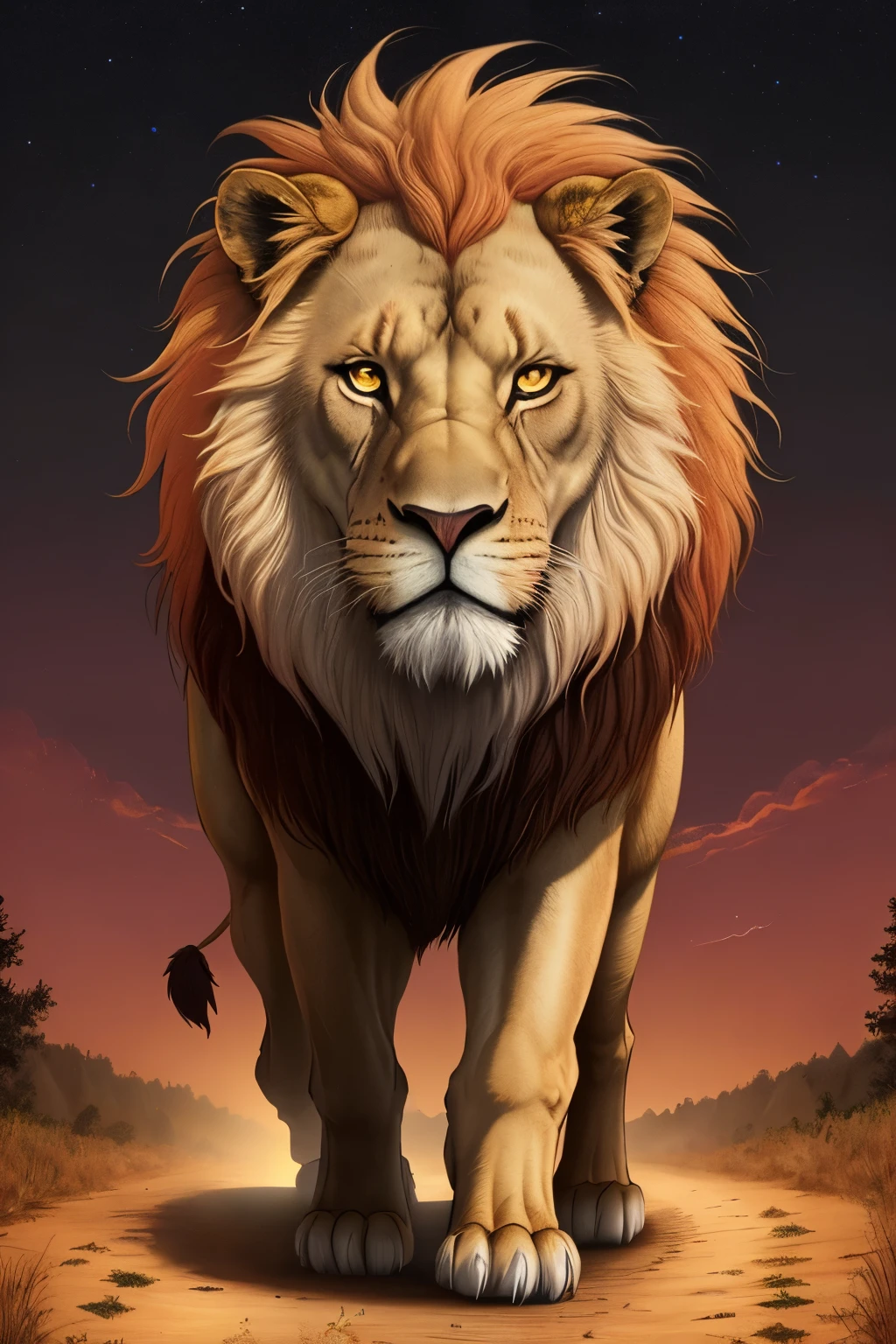 Animation: An Old Majestic Lion, adorned with a regal mane of multiple colors, strides solitarily on a winding forest road at twilight (9h16 format). The setting sun casts warm hues across his noble form, emphasizing the loneliness of his journey.