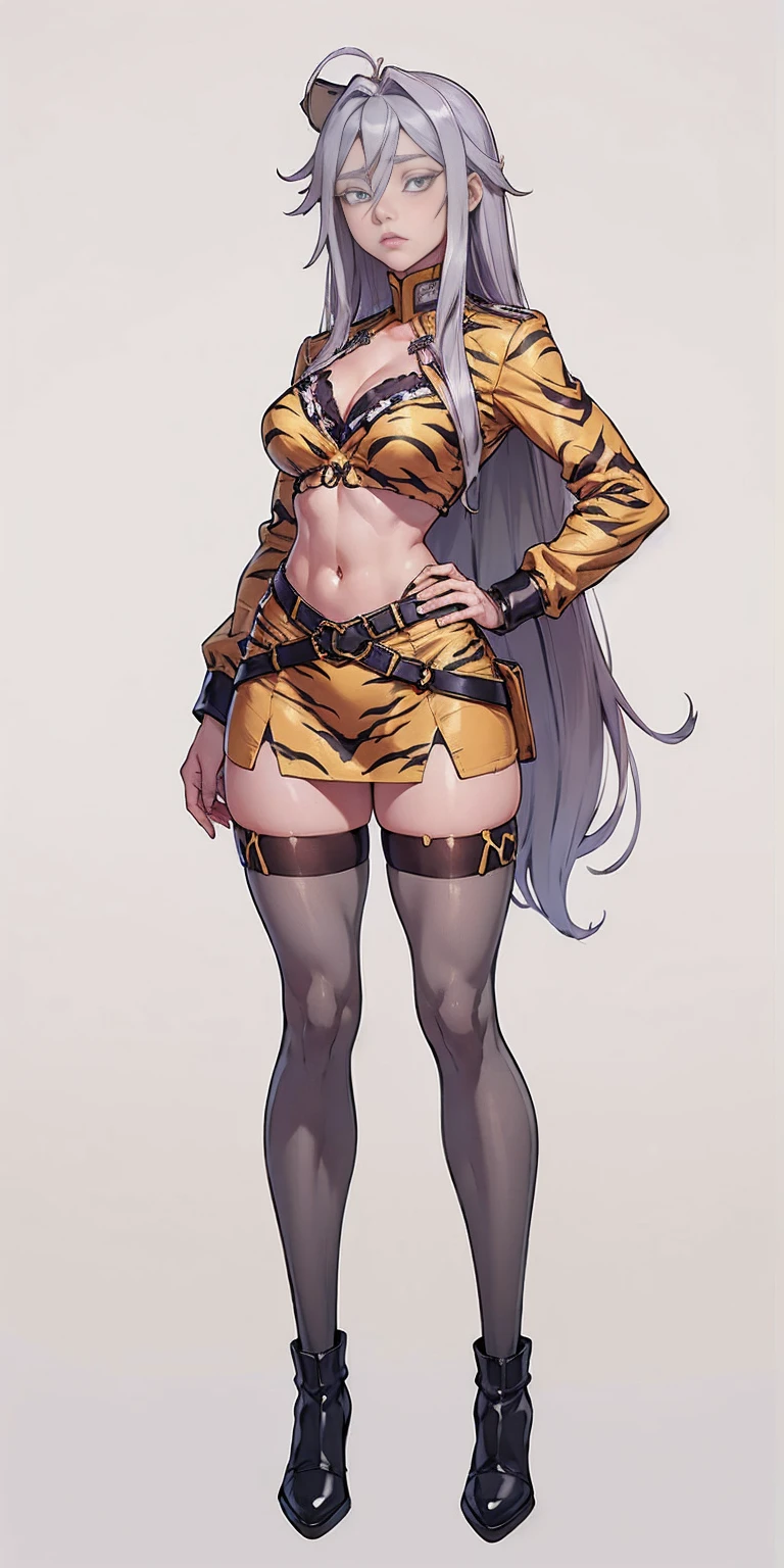 ((Masterpiece, plain background,1:2, masterpiece)) full body standing straight symmetrical against contrapposto yellow tiger print BIKINI stockings sleeves, hands on waist hips, navel, (Vladilena Milize) (grey eyes:1.5) grey long hair, hair between eyelashes