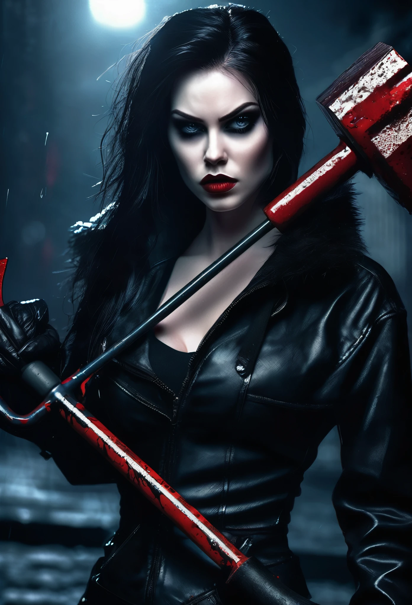 A mean girl, beautiful face, evil expression, piercing eyes, long eyelashes, detailed facial features, pale skin, dark makeup, dark outfit, cold demeanor, imposing presence, dramatic lighting, moody atmosphere, cinematic, dark fantasy, digital art, she is holding a bloody sledge hammer. Show her from head to toe, show all of her, show her entire body