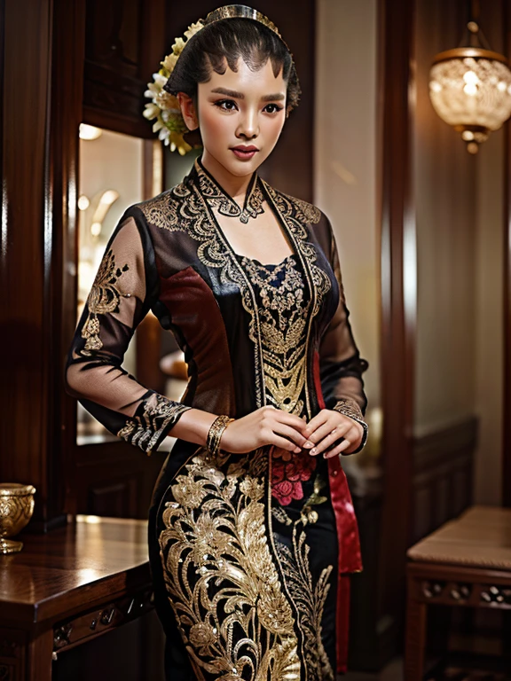 A truly charming appearance featuring an Indonesian woman dressed in a black kebaya typical of Indonesian traditional clothing who looks dashing and energetic.