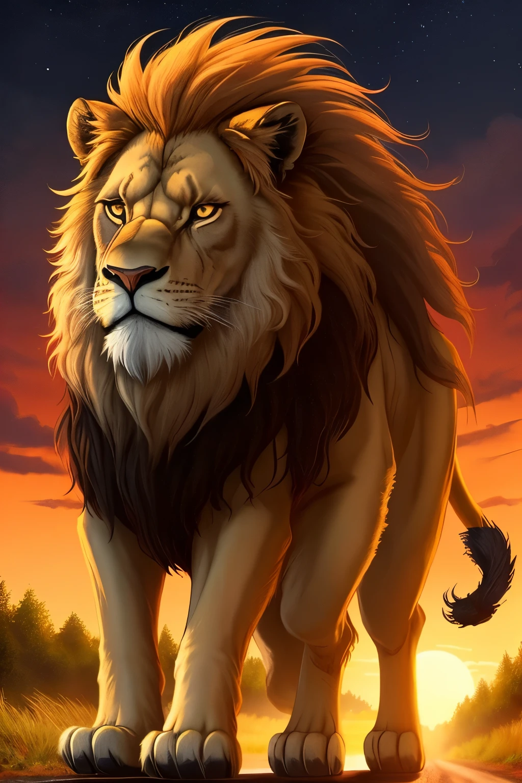 Animation: An Old Majestic Lion, adorned with a regal mane of multiple colors, strides solitarily on a winding forest road at twilight (9h16 format). The setting sun casts warm hues across his noble form, emphasizing the loneliness of his journey.