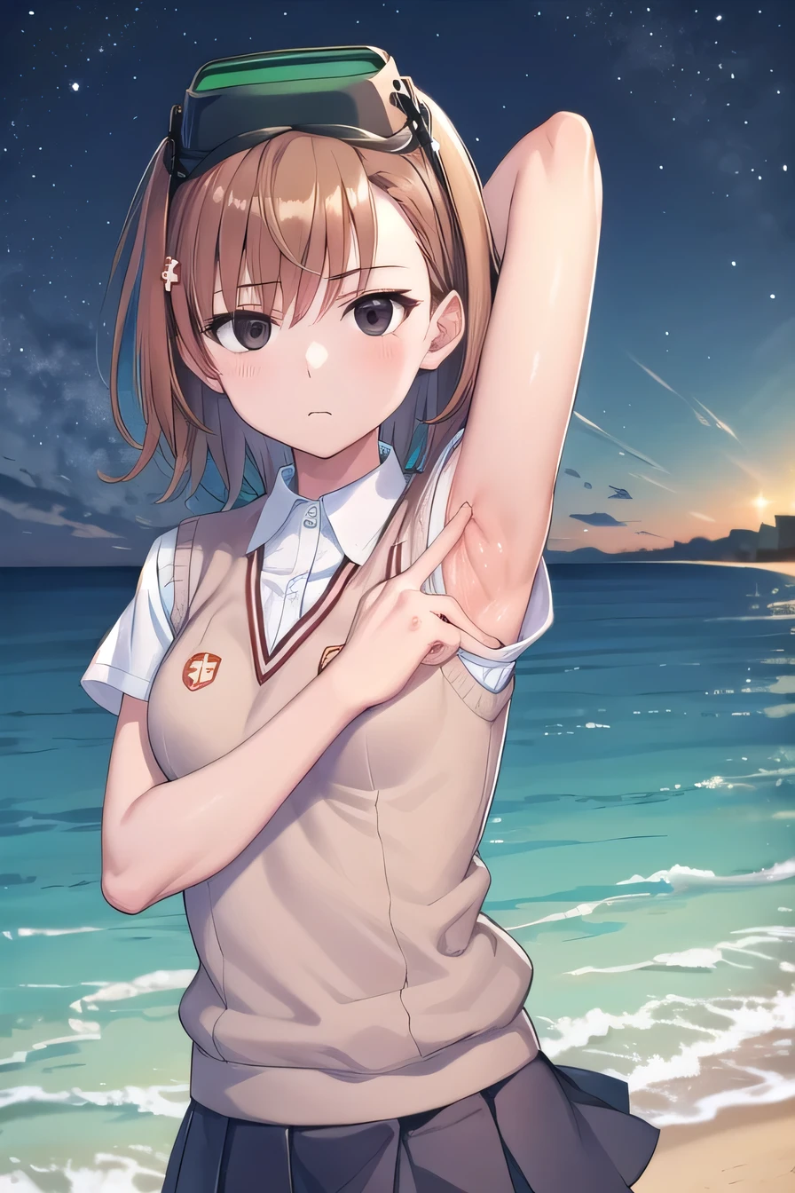 short hair, brown hair, black eyes, empty eyes, goggles, goggles on head, head-mounted display, , sweater vest, shirt, skirt, white shirt, pleated skirt, v-neck, short sleeves, tokiwadai , misaka imouto, solo, night sky, beach, arms behind head, contrapposto, spread armpits, closed mouth, upper body, looking at viewer,