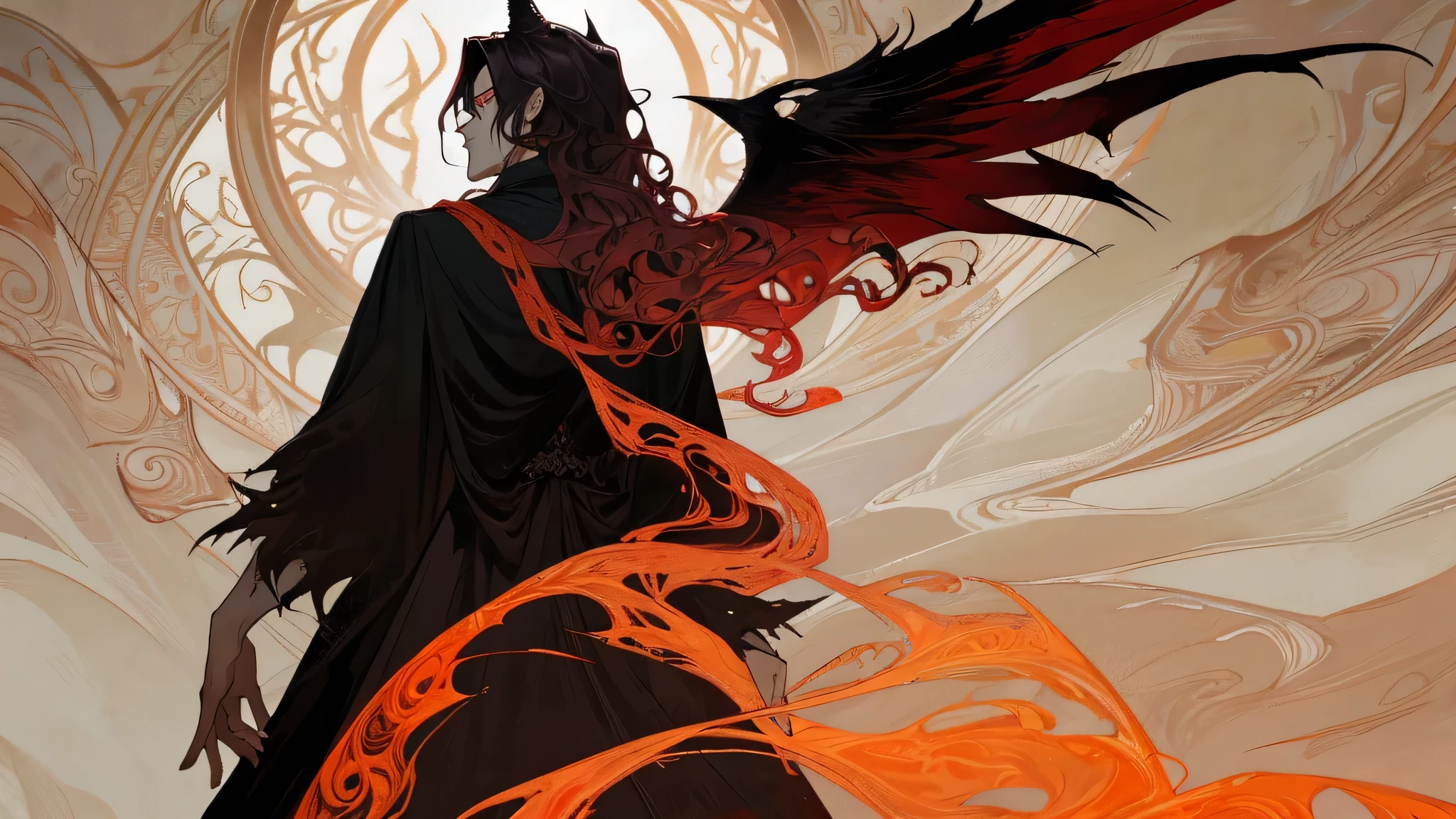 A breathtaking, youthful incarnation of a devil, gracefully adorning the age of 20, commands an awe-inspiring presence, his wavy, ash-hued hair flowing gracefully down his back, framing the fiery, piercing red eyes that burn with otherworldy intensity. His grand, dark wings, adorned with intricate patterns, spread behind him, casting a captivating yet foreboding shadow. The devil stands majestically within an intricate, powerful magic circle, as dark tendrils of smoke curl and swirl menacingly around him, hinting at his supernatural power. The devil is impeccably dressed in a tail
