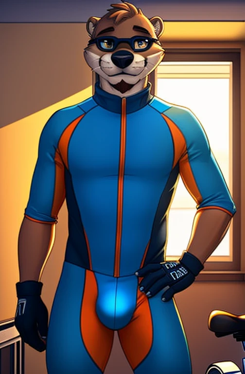 solo, male, brown fur, otter, chase hunter, brown goatee, wearing a (white and blue accent bodysuit cycling suit, spandex one-piece leotard bodysuit), orange sunglasses, cycling helmet, cycling fingerless gloves (gloves), inside a motel bedroom (bright-lit room), standing near a window, tent bulge (erection bulge), lustful smile expression, full-body view, sexy pin-up posing, camera view, by zackarry911, by zaush, detailed eye, detailed face