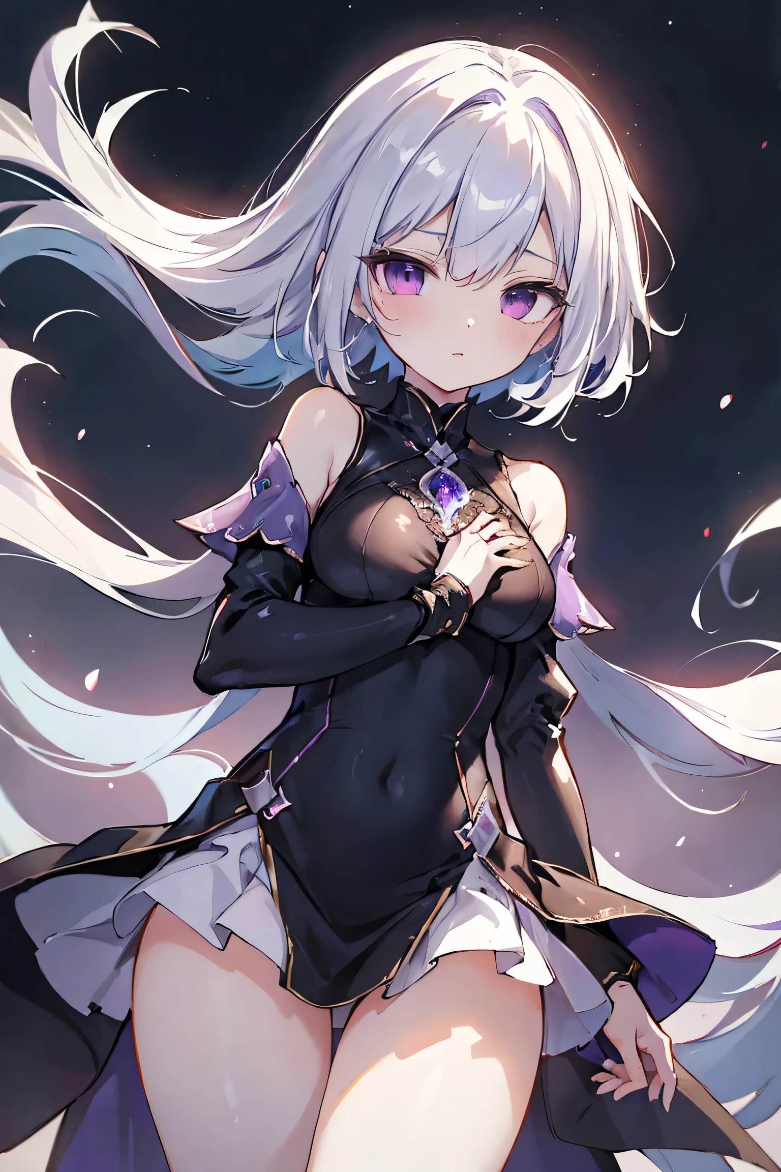 1girl, anime, cute girl, blank background, white background, fantasy, detailed fantasy dress with highlights, beautiful face, beautiful eyes, dark colors, black hair with multicolor streaks, red eye with different color pupil in eye, multicolor eye, medium breasts, slight cleavage, beautiful skin, cute, breast curtains, extremely delicate and beautiful, (beautiful detailed face:1.0), (detailed deep eyes), symmetrical breasts, deep eyes, shiny skin, portrait, slender waist, hips wider than shoulders, thighs, expressionless, young girl, luminous eyes, adorable,(Kpop idol),(aegyo sal:1),(Platinum blonde hair:1),((puffy eye)),Black panty,sexy posture,Superskirt, Ultra-high resolution,Black collar,slim figure, Abdominal y tattoo, womb tattoo,Tight-fitting leg ring,y tattoo on half-body,Bare skin, Armored hand,Hidden fingertips,Hand covered,Arm covered,Fist covered,{{beautiful detailed fingers}}, tufts of hair, moderate beautiful breast:1.0,(masterpiece:1.2), best quality, high-res, HDR, perfect face, intricate armor, delicate blue filigree, intricate filigree, red metalic parts, detailed part, dynamic pose, dynamic lights, cute face, neutral expression, shuimobysim, lotus, hanfu, maxi skirt, dress conservatively 1girl, solo, long blue hair, standing, One lady,14years,((White hair) ,(Shiny purple bodysuit with microskirt),((Fantasy, Moon Night)), gradient_eyes,