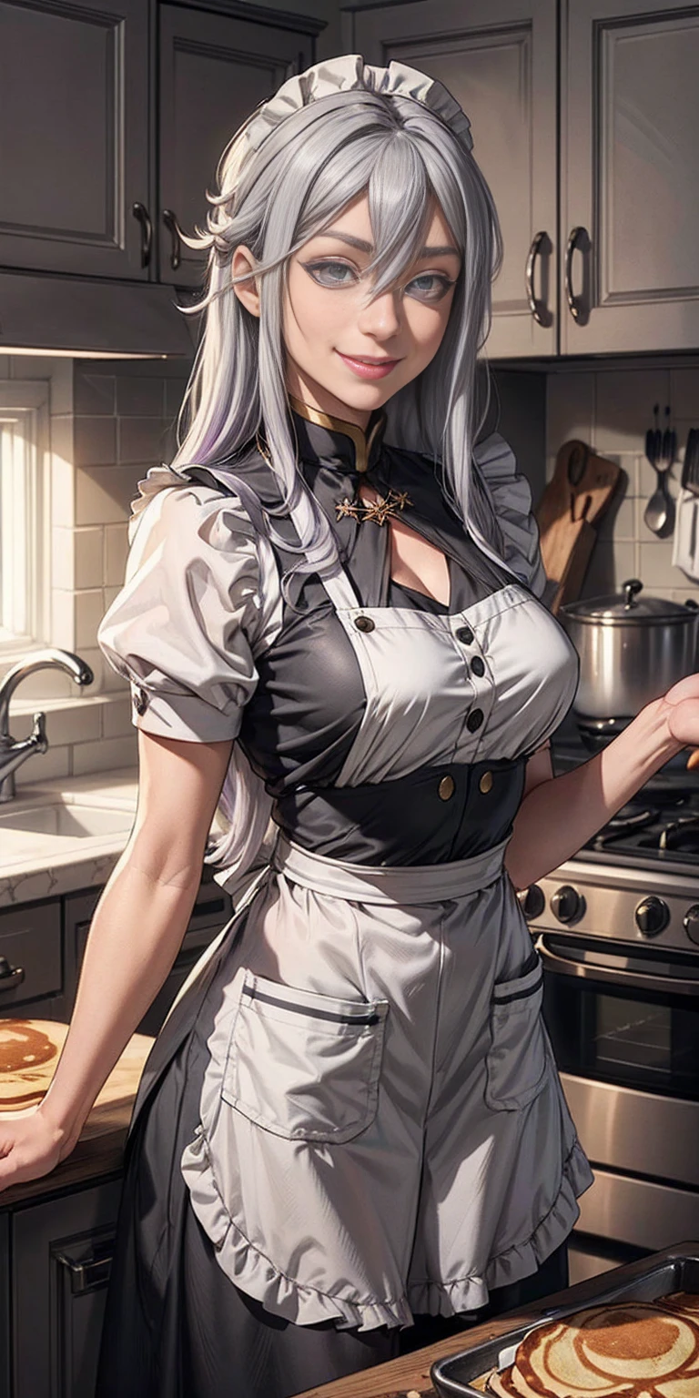 (Vladilena Milize) (grey eyes:1.5), grey hair, hair between eyes, long hair, Making pancakes in the Asteria VK skillet,a blond,Twin-tailed, 1solomilf Woman in her 30s,maid apron,smile,kitchen, The upper part of the body