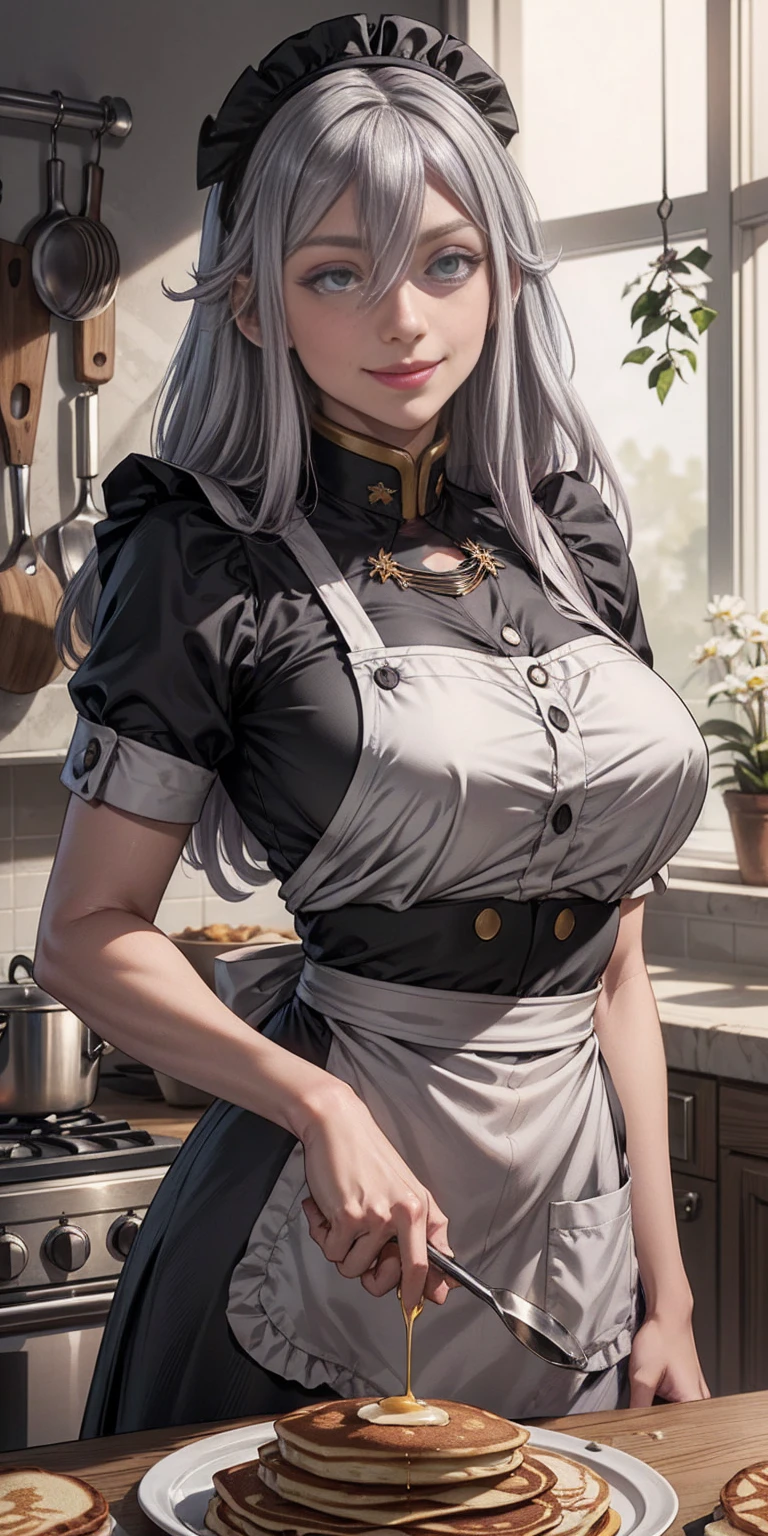 (Vladilena Milize) (grey eyes:1.5), grey hair, hair between eyes, long hair, Making pancakes in the Asteria VK skillet,a blond,Twin-tailed, 1solomilf Woman in her 30s,maid apron,smile,kitchen, The upper part of the body