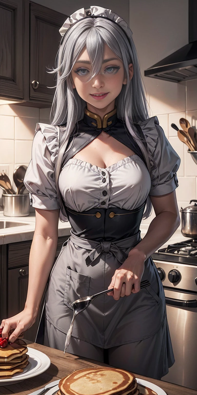 (Vladilena Milize) (grey eyes:1.5), grey hair, hair between eyes, long hair, Making pancakes in the Asteria VK skillet,a blond,Twin-tailed, 1solomilf Woman in her 30s,maid apron,smile,kitchen, The upper part of the body