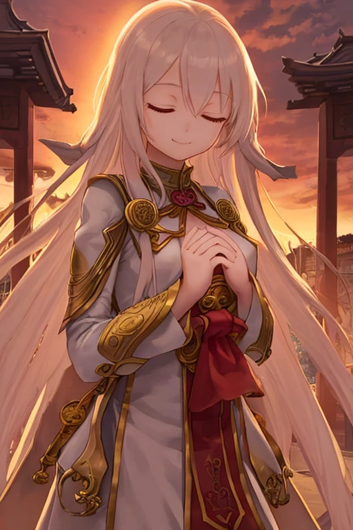best quality,temple,press one's palms together,closed eyes,light smile,,1girl,sunset,long hair,straight hair,small breasts,cute,girl