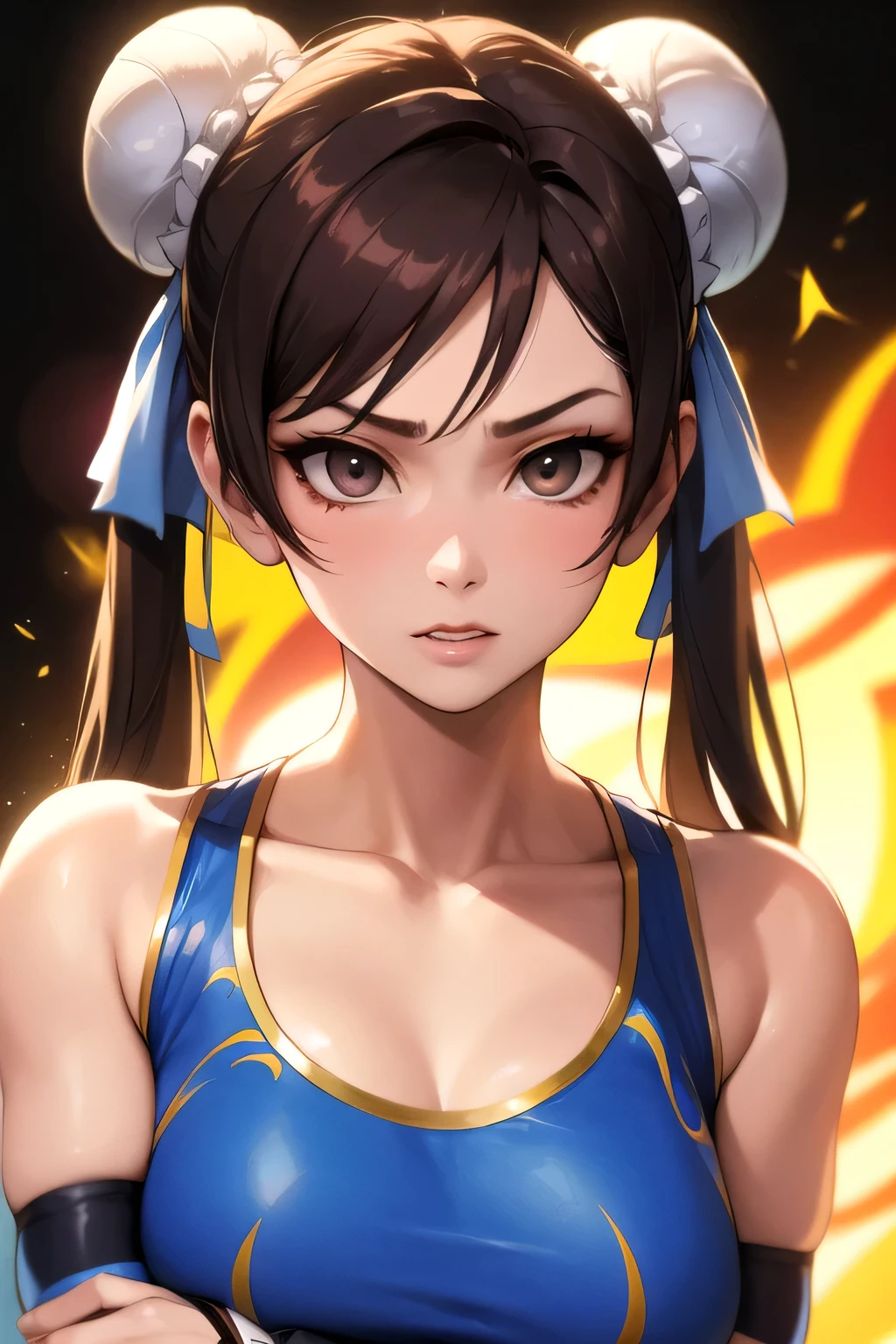hay una mujer vestida de azul haciendo un truco, Chun Li, Chun Li, portrait of Chun Li, Chun Li, Chun Li at the gym, portrait of Chun Li, personaje del juego de lucha, como personaje de tekken, Juri Han de luchador callejero, inspirado en Leng Mei, pose de pelea, pose de luchador, posando para una pelea intrincada