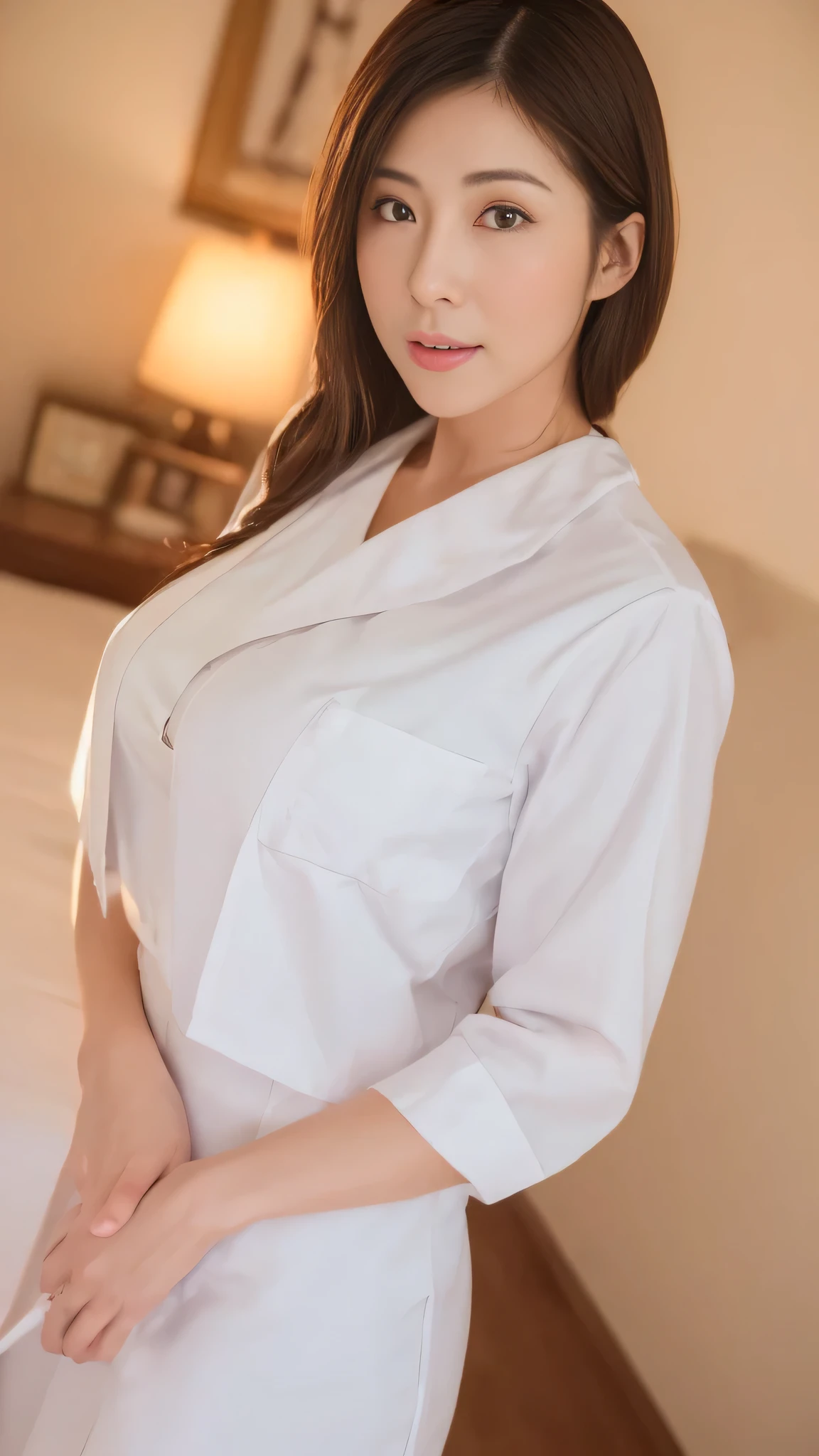 (8k, best quality, masterpiece, golden ratio composition,:1.3), (beautiful Japanese mature woman in her 30s), (huge breasts), (wearing white Nurse's uniform:1.2)