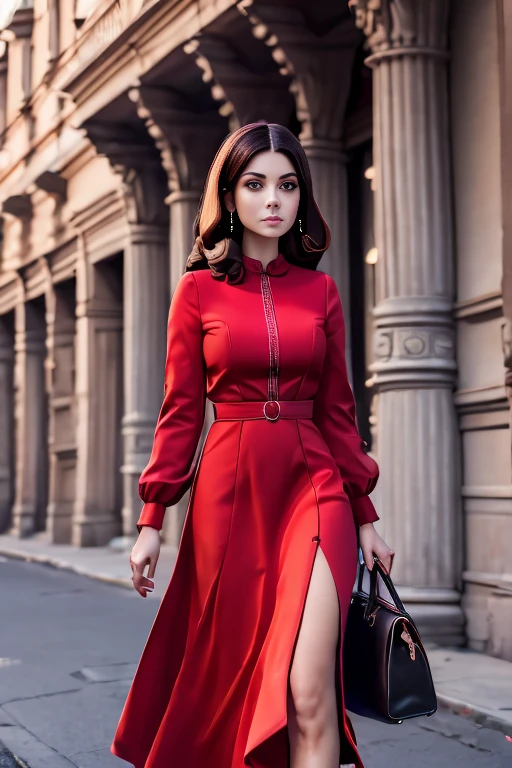 arafed woman in a vestido rojo and black purse walking down a street, girl wears a vestido rojo, modelo de moda elegante, elegant vestido rojo, wearing a vestido rojo, wearing vestido rojo, usando un vestido elegante, vistiendo un traje rojo, vistiendo un traje elegante, estilo de julia razumova, vestido rojo, chica elegante en traje urbano, mujer vestida