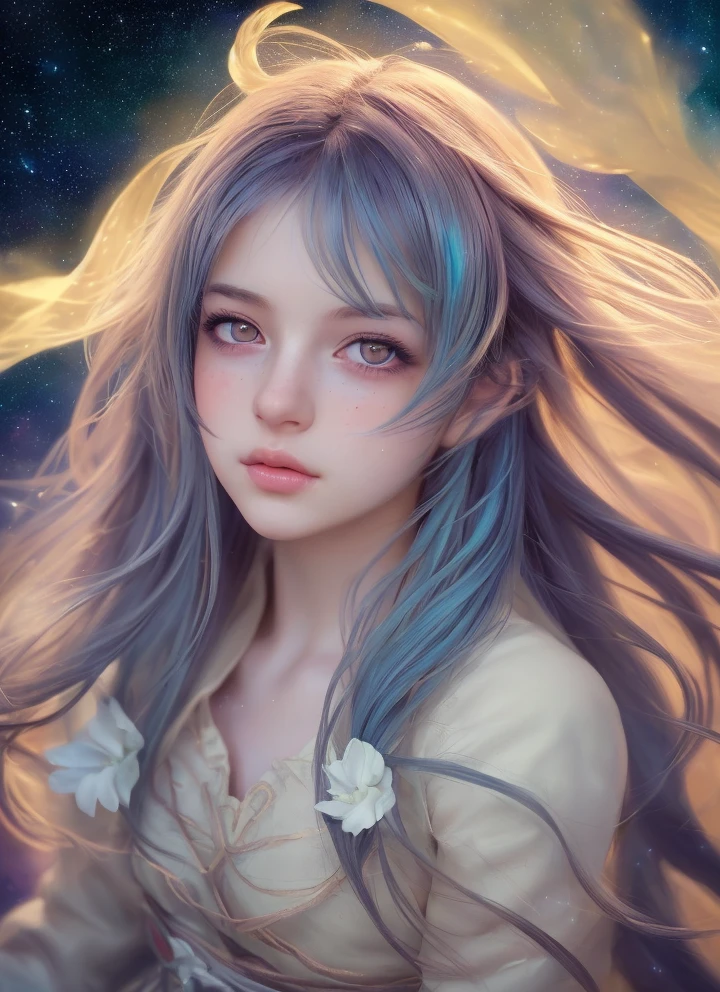 1girl, standing on earth, looking up at night sky, shimmering stars, beautiful detailed eyes, beautiful detailed lips, extremely detailed eyes and face, long eyelashes, serene expression, dreamlike, Makoto Shinkai-esque style, Cyril Rolando's artistic flair, vibrant colors, dynamic composition, tranquil, (best quality,4k,8k,highres,masterpiece:1.2),ultra-detailed,(realistic,photorealistic,photo-realistic:1.37),animal cosplay,white long hair,FINAL FANTASY,kawaii Japanese