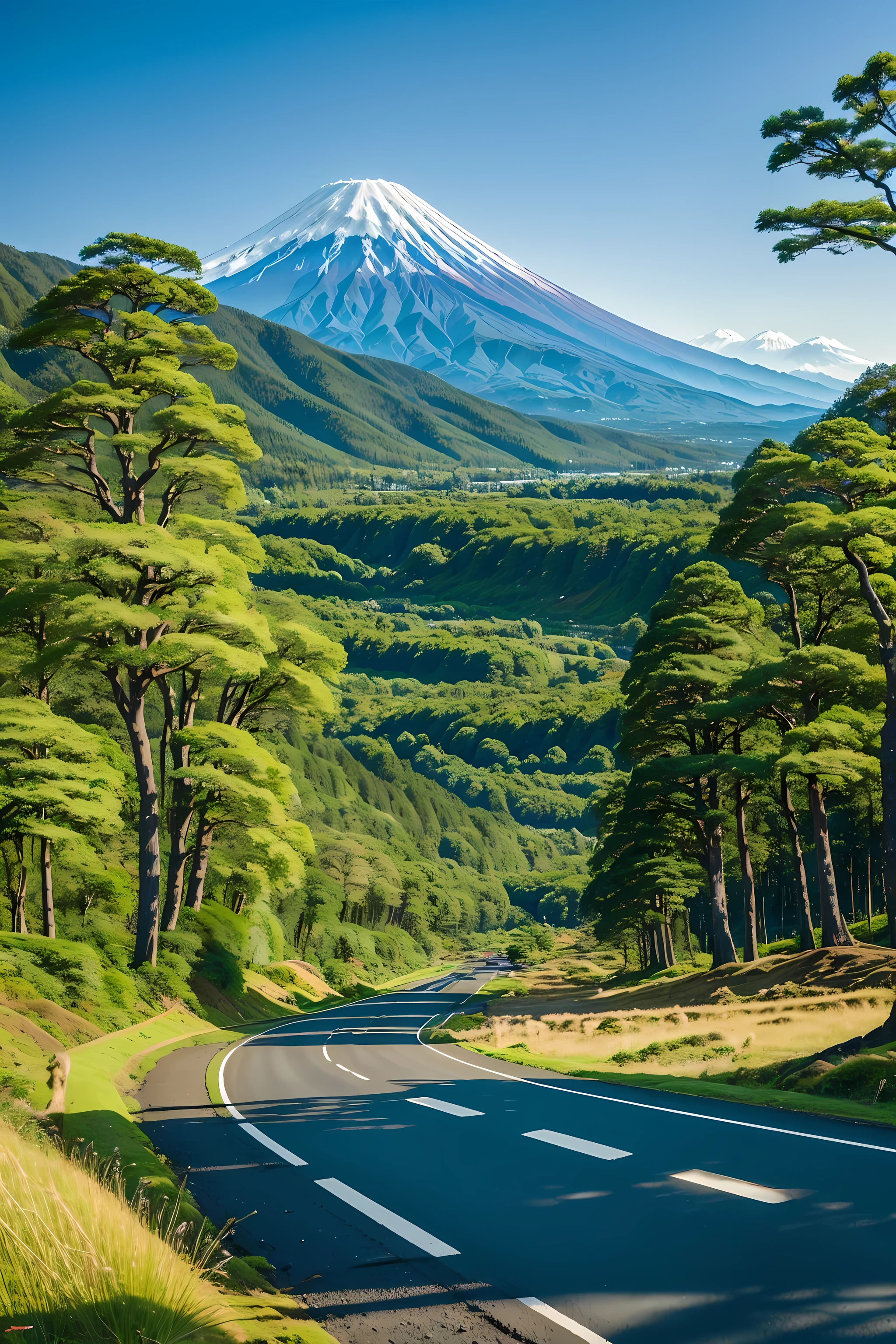 A Indian valley unfolds with Mount Fuji in the background. Alongside vibrant grass, a slender road meanders, accompanied by the presence of tall trees, enhancing the serene beauty of the landscape.