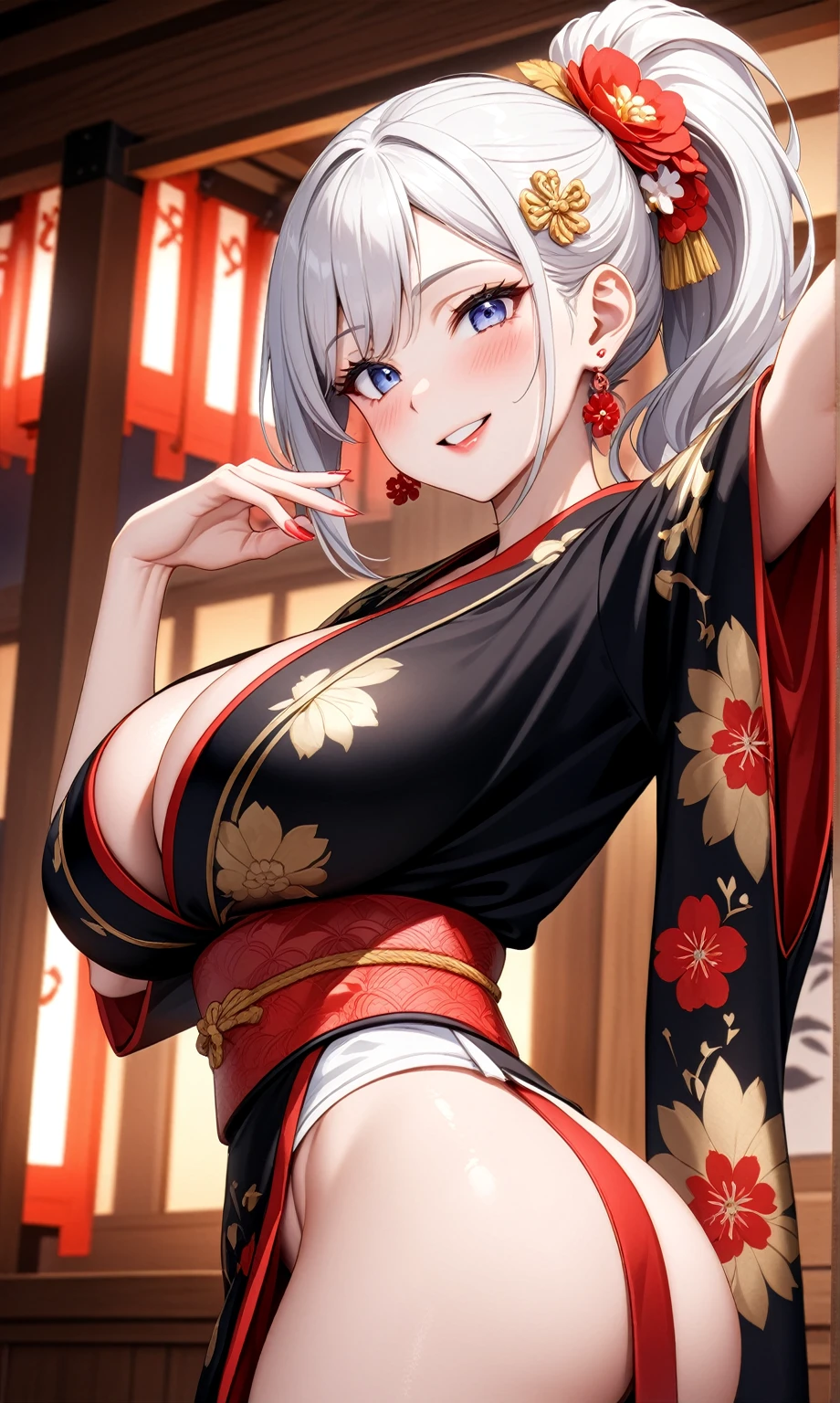 ((one personの女性)), Beautiful Face,Laugh shyly,((Wink:1.7)),Laughing with your mouth open,turn bright red,Glossy pink lips,night,Japanese-style room of the shrine,firework,((Anime style background)),masterpiece, highest quality, so beautiful, Latest, Complex details, (Pink long nails),AI-generated, Complex,High resolution, highest quality, super high quality,3D Images、View your viewers、3D Images,one person,Long white hair,High Ponytail,blue eyes,Anime woman posing for a photo, [[fine grain、Colorful eyes、Shining Eyes:1.15]],(Squint your eyes:1.1),a hyperRealistic , hyperRealistic , Realistic,Anime woman with long and white hair, Smooth anime CG art, A woman in a colorful kimono with gold embroidery, (Black kimono),Red floral pattern,Long flower hair ornament,Big earrings,(:1.1),Mature Bodysive,Big Ass,Fine details,ht waist,Abdominal muscles,(Face close-up:1.5),Tilt your face,Shooting from an angle,Raise one arm to shoulder level