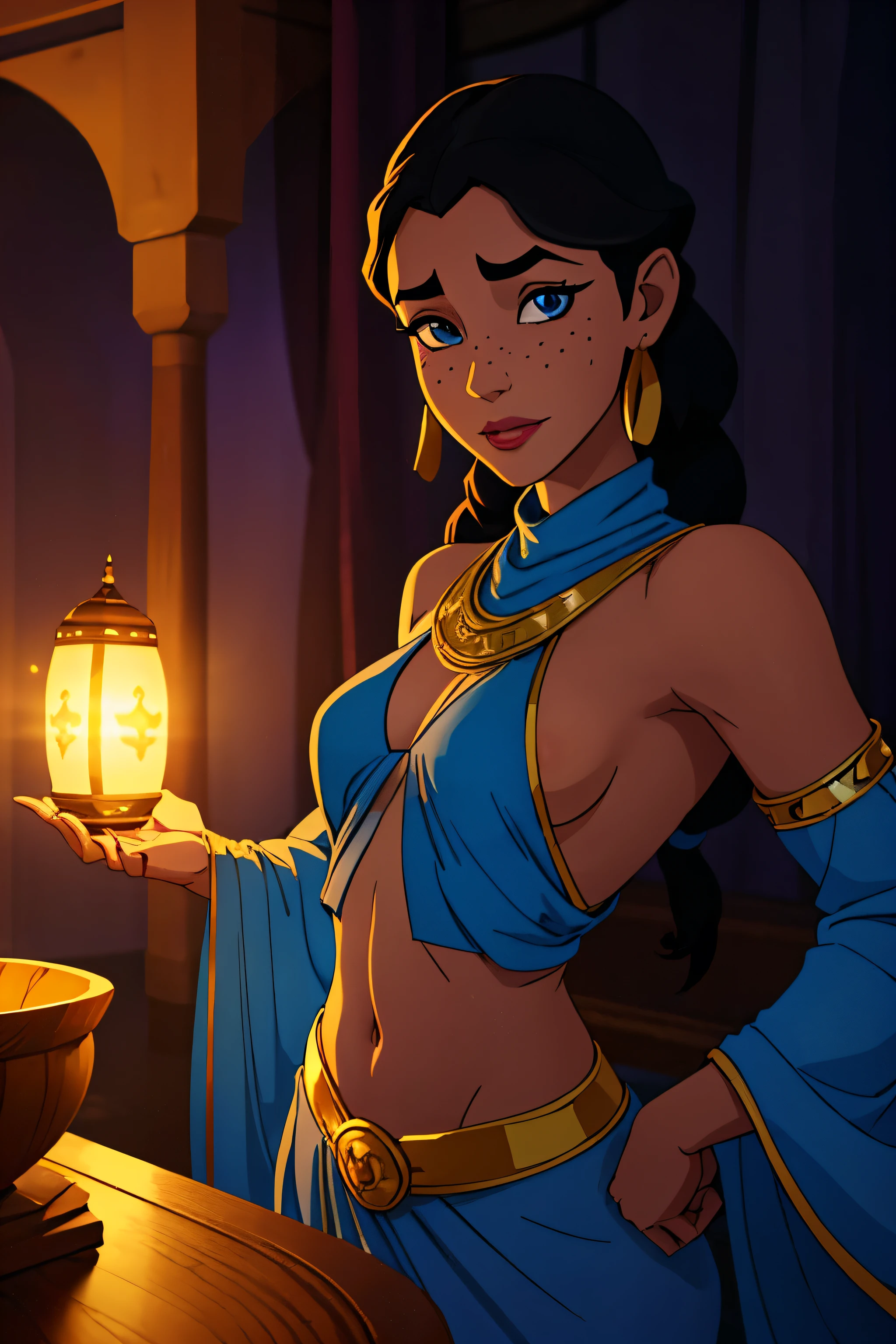 Magical Genie emanating from aladin genie lamp, ghostly aura, ethereal body, (arab woman genie:1.2), blue color, cozy room background, warm lighting, beautiful face, light freckles on nose bridge, innocent expression, intricately detailed clothing, holding golden genie lamp, soft skin, looks like Jessica Alaba, braided hair with meticulous detail, misty form, sweet eyes, holding out lamp to viewer, perfect lips, perfect hips, Looks like Jasmine from Aladdin