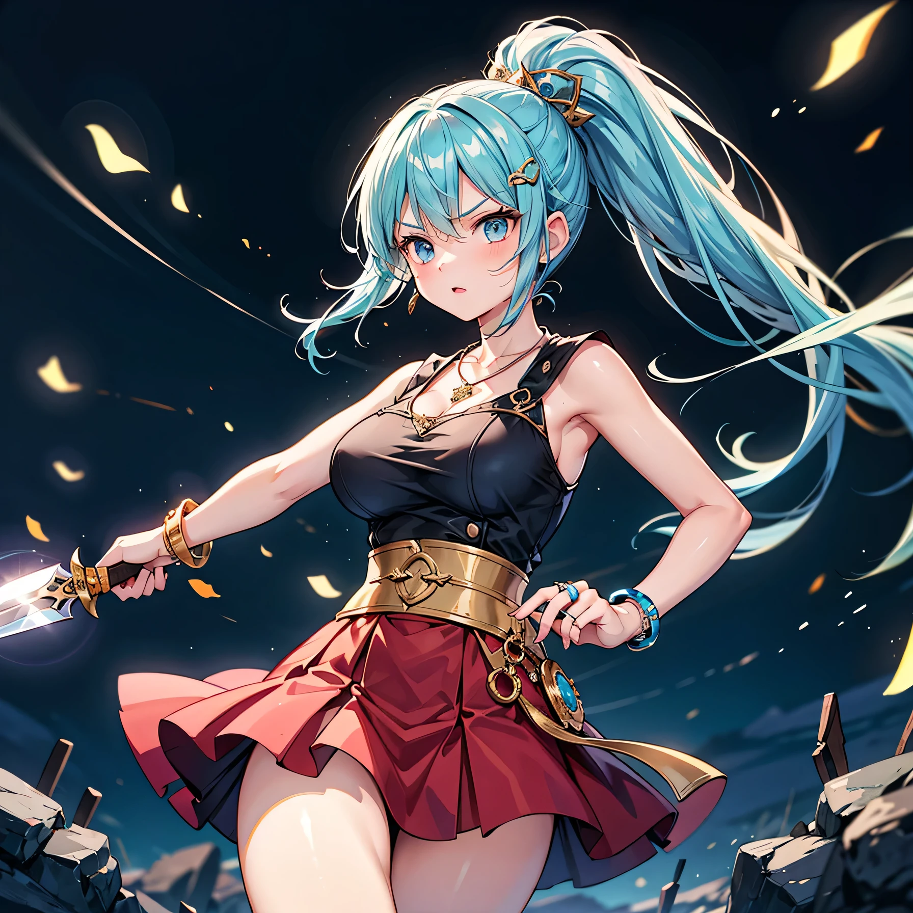 Anime Moe Art Style,highest quality,High resolution,Anatomically correct,One Girl,Mid-s,A girl with light blue hair in a ponytail,Super detailed,Fantasy World,Sleeveless blouse,flare skirt,Big Breasts,A rich expression,Serious expression,Plains at night,Dynamic movement,Wielding a dagger,fight,Eyes drawn in detail,hair ornaments,necklace,bracelet,ring,8K