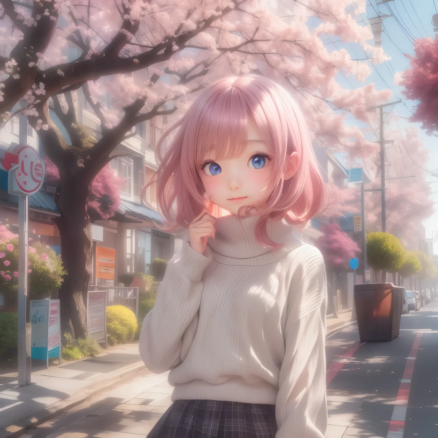 detailed face, cute face, masterpiece, highest quality, Super detailed, figure, Wide-angle, A girl is standing in the middle of the road, alone, The road in the middle and pink cherry blossom trees on the roadside, whole body, 20th Generation, Pink Hair, sweater, Short skirt, fashion,, composition, balance, Harmony, rhythm, color, Light, Shadow, reflection, refraction, tone, Contrast, prospect, Middle Way, background, Naturalistic, Figurative, Expressive.